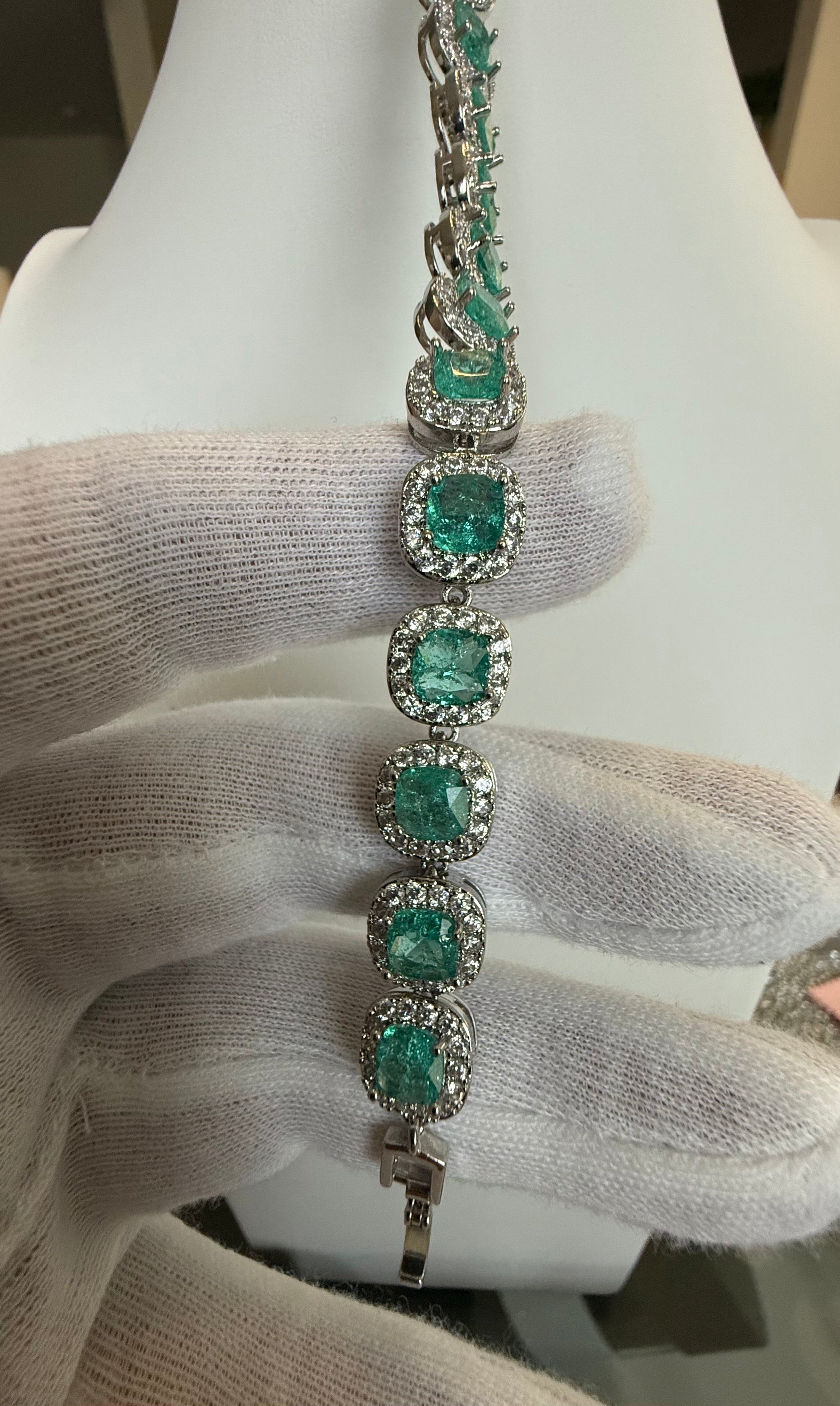 Aqua Green Cushion Cut Halo Crystal Tennis Bracelet – Silver Tone Statement Jewelry 7112