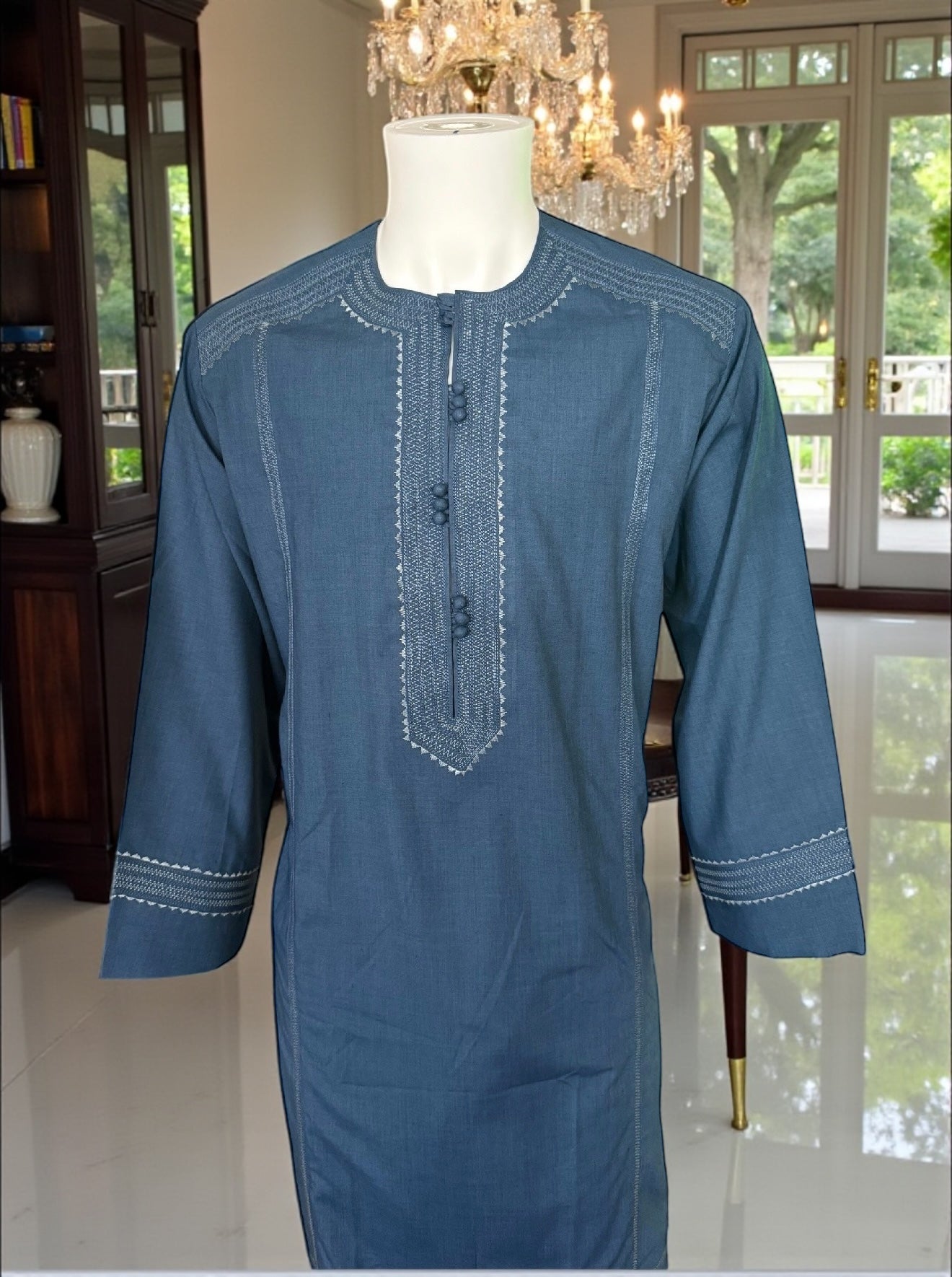 XXL Afghan Parahan Tunban with Traditional Embroidery – Steel Blue