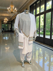 Men’s White Shesha Parahan Tunban Luxury Afghan Outfit with Matching Shawl | Luqmaan Boutique Collection Small