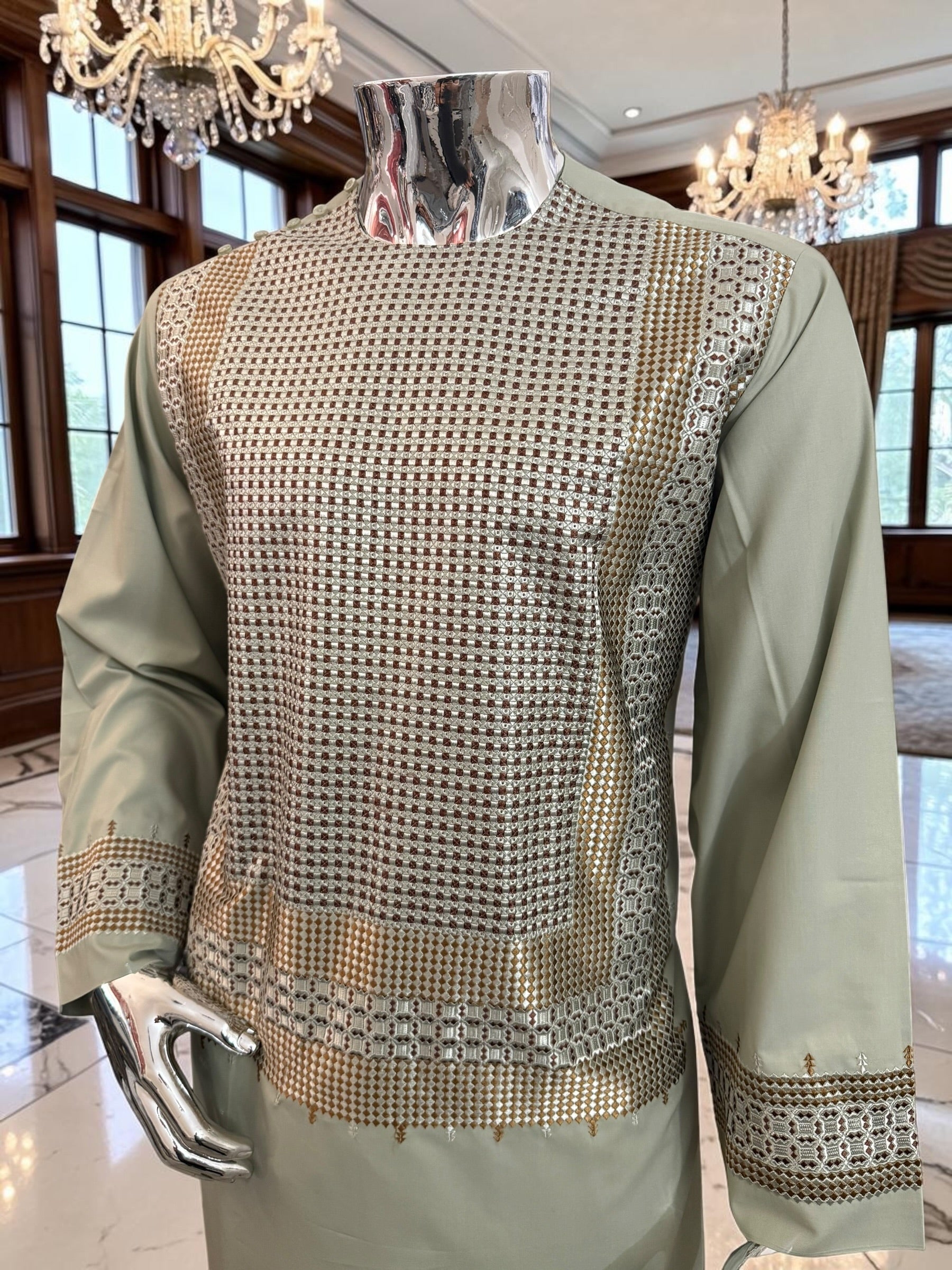 Large Sage Green Afghan Parahan Tunban with Gold and Brown Embroidery | Traditional Men’s Afghan Outfit