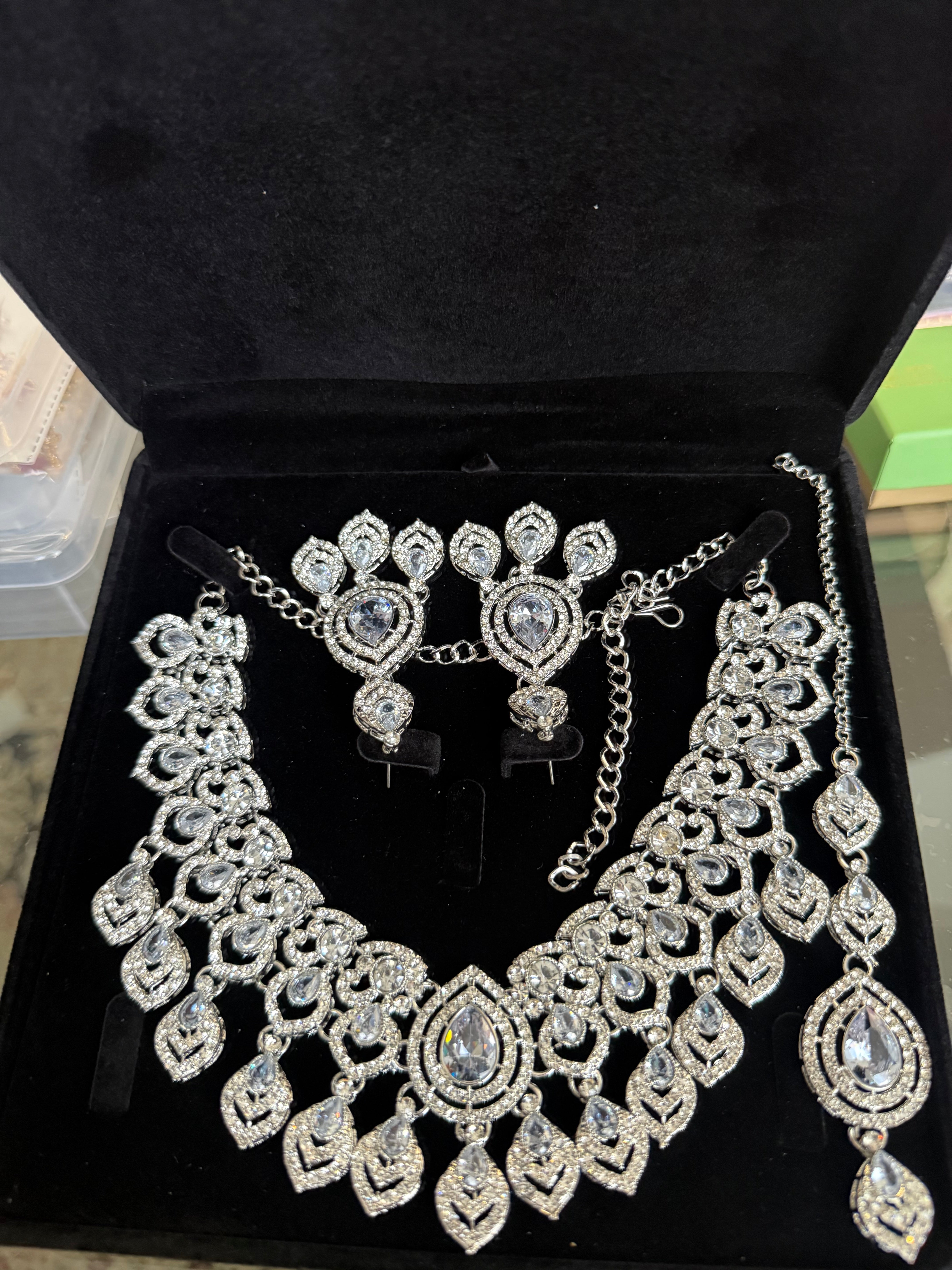 Luxury Silver Tone Clear Crystal Bridal Jewelry Set | Statement Necklace, Earrings & Maang Tikka | Wedding Jewelry with Black Gift Box 6024
