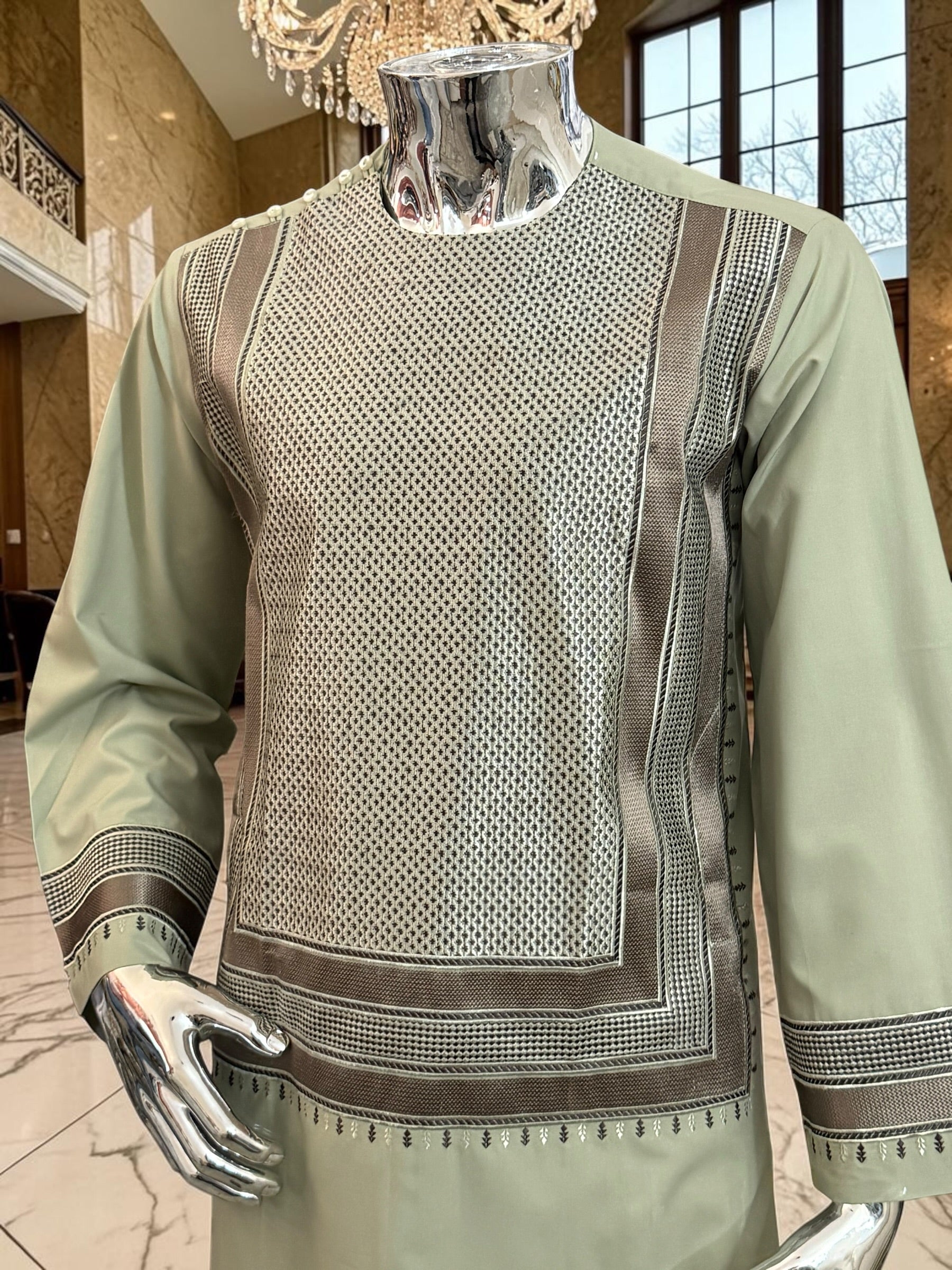 Medium Sage Green Parahan Tunban with Brown Embroidery | Premium Afghan Traditional Wear