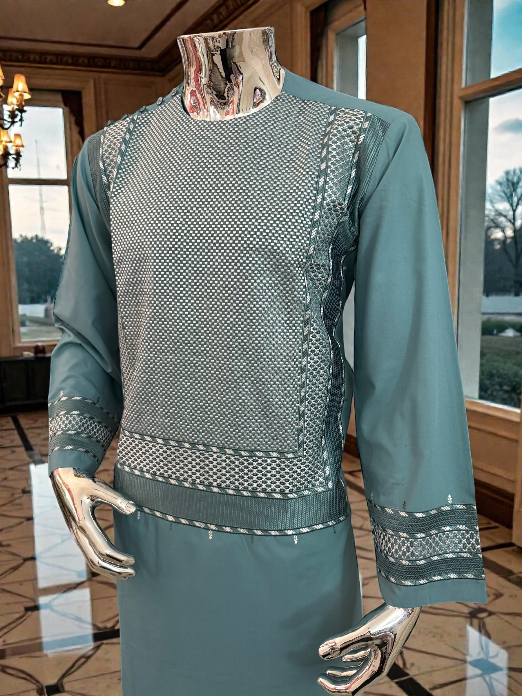 Men’s Teal Kameez with White and Teal Machine Embroidery – Medium Size | Premium Afghan Traditional Wear