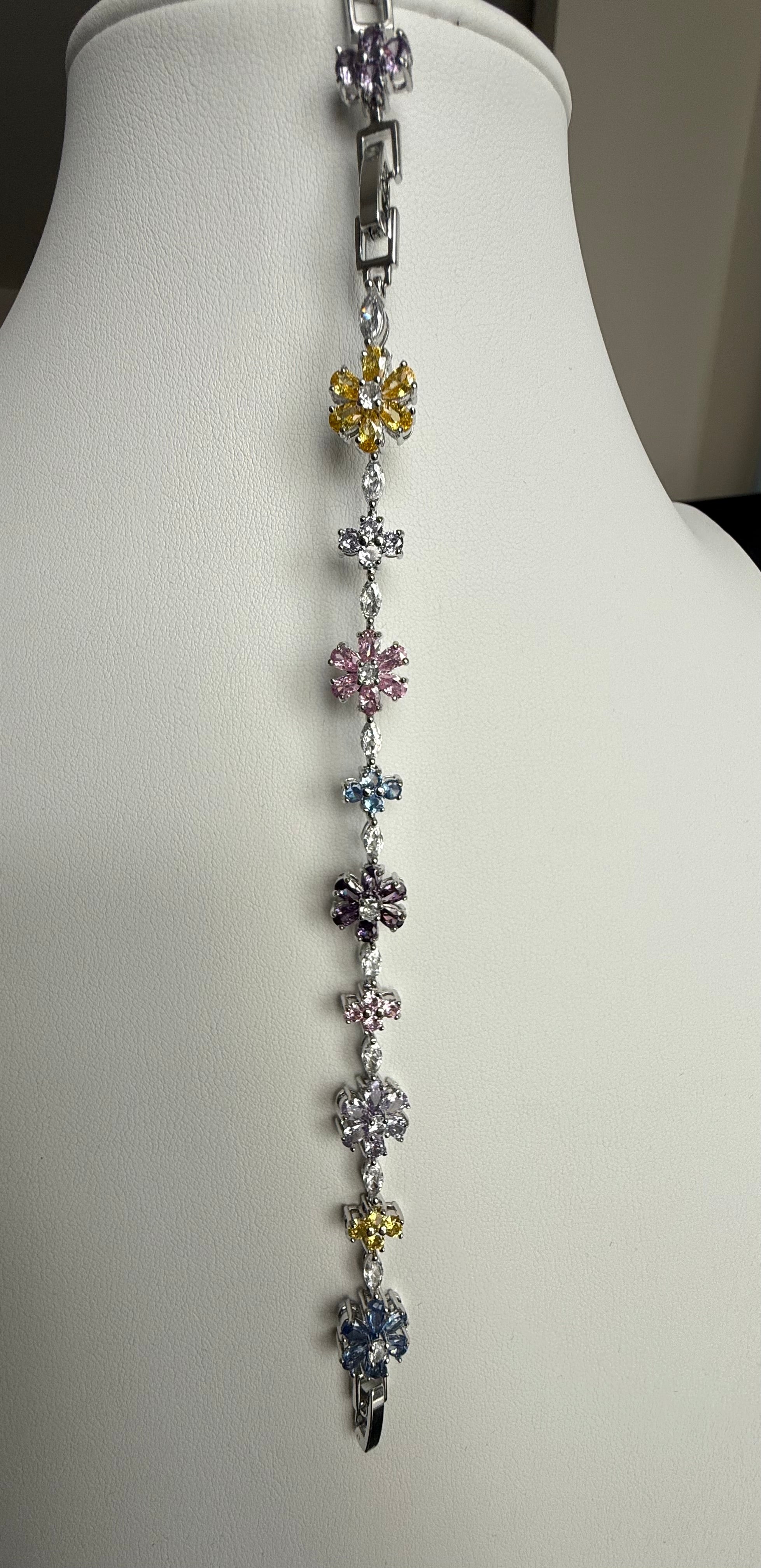 Multicolor Floral Crystal Bracelet – Silver Tone Flower & Butterfly Statement Jewelry 7087