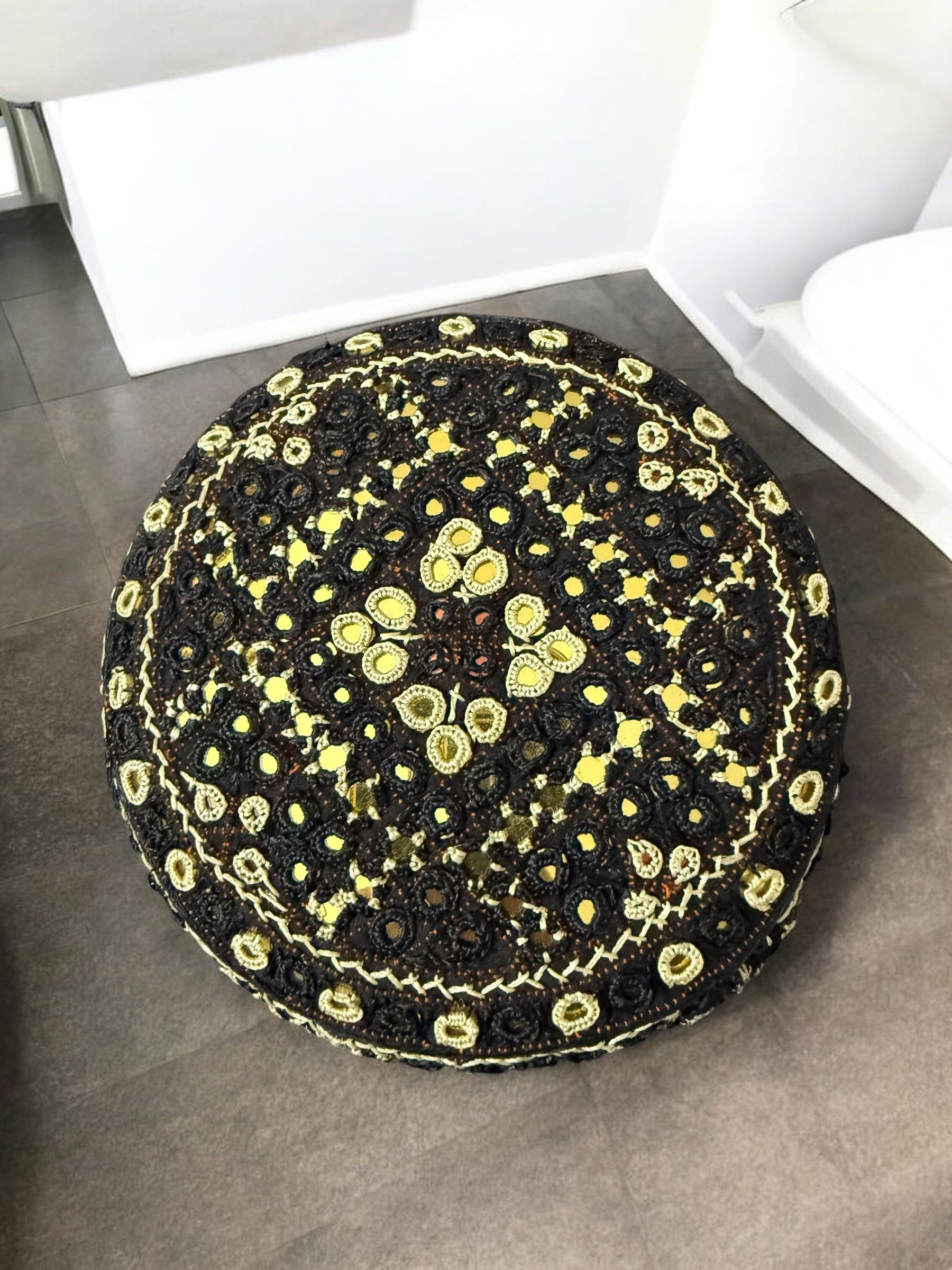 Black and Gold Baluchi Hat with Brown Accents – Hand Embroidered Traditional Afghan Men’s Cap with Mirror Work