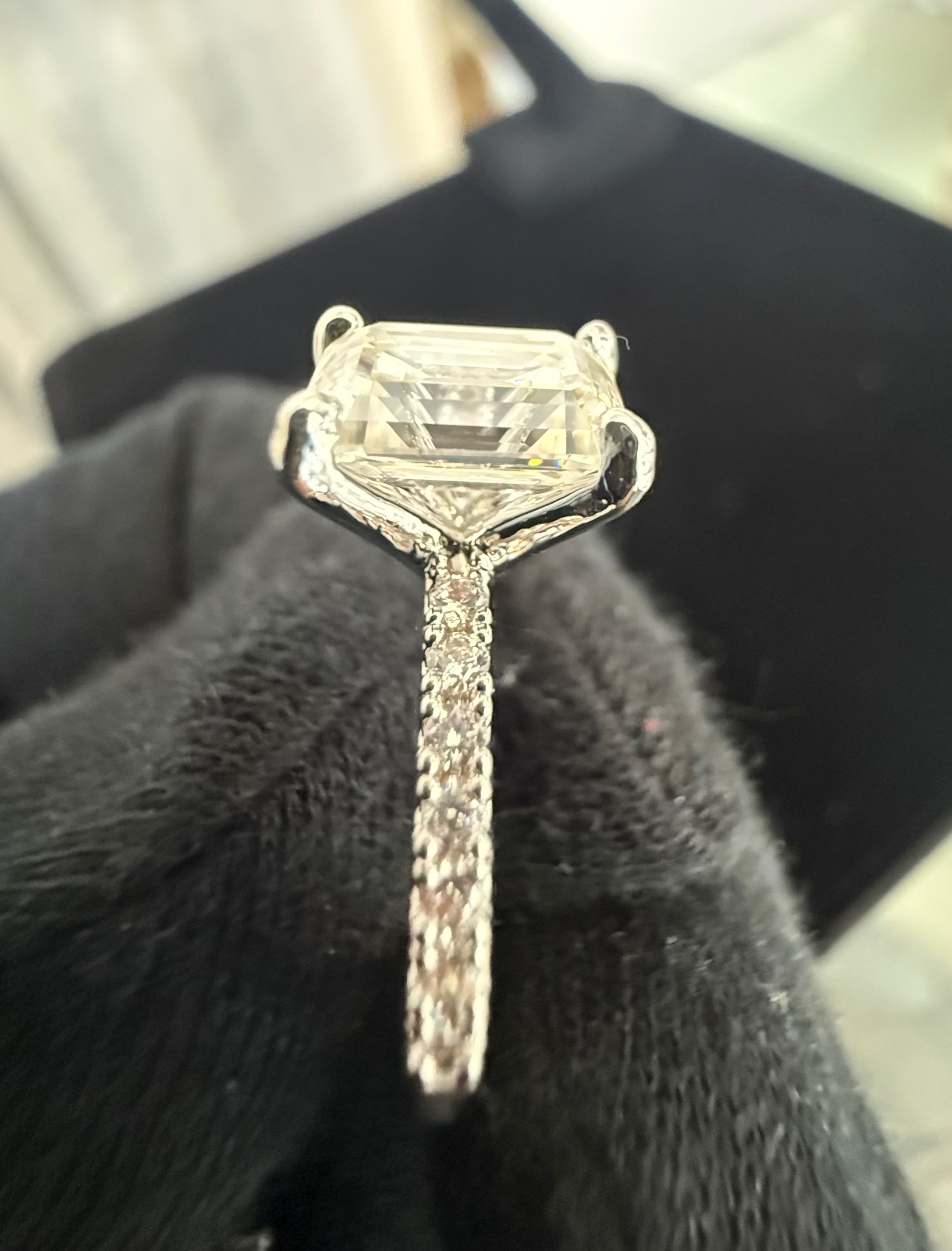 Size 6 Emerald Cut Moissanite Engagement Ring in Sterling Silver – 4 Prong Pavé Band.   6016