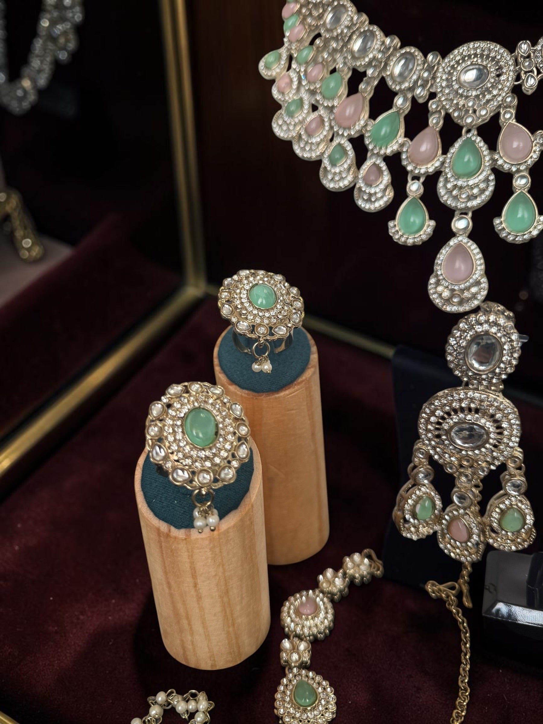 Pastel Pink & Mint Green Kundan Half Bridal Jewelry Set – 6-Piece Necklace, Earrings, Sheeshphool, Nath & Adjustable Rings 6061