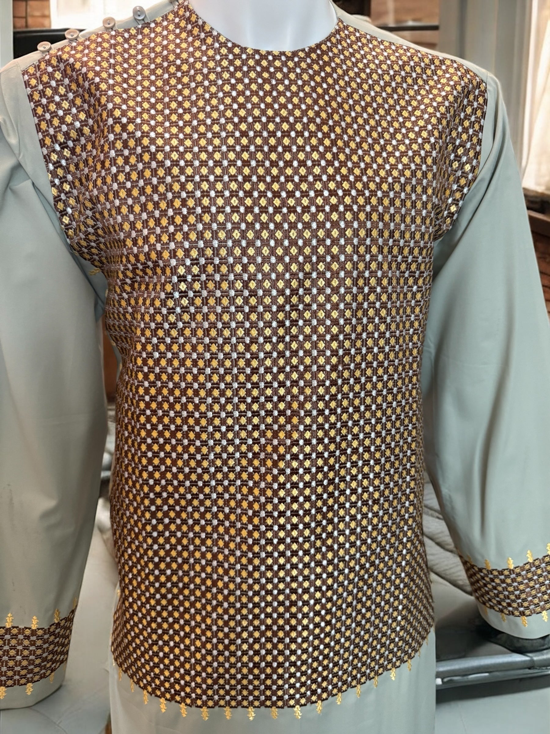 Medium Sage Green Afghan Parahan Tunban for Men with Machine Embroidery