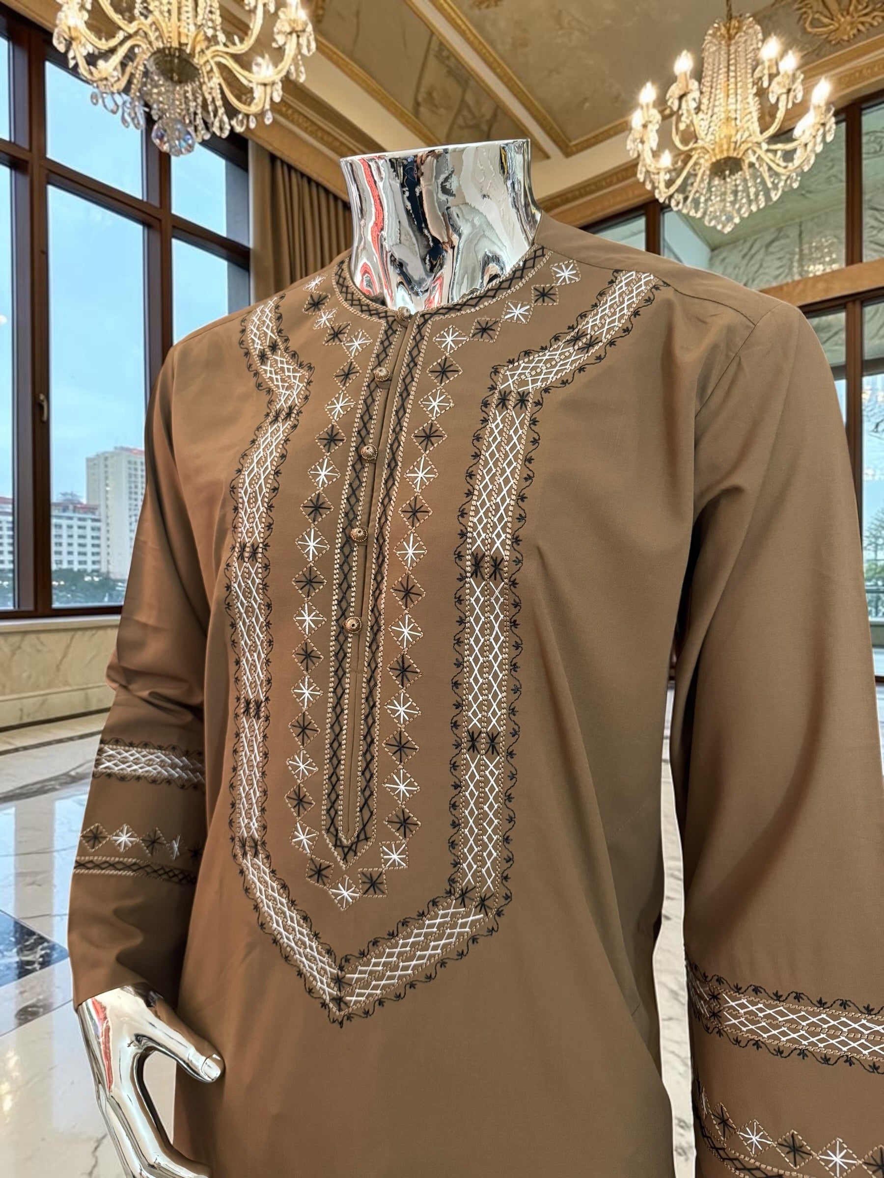 Medium Men’s Mocha Brown Hand Embroidered Afghan Parahan Tunban Set with Matching Shawl