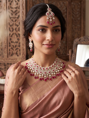 Ruby Red Kundan Bridal Jewelry Set with Earrings & Maang Tikka | Rose Gold Indian Pakistani Afghan Wedding Necklace  6047