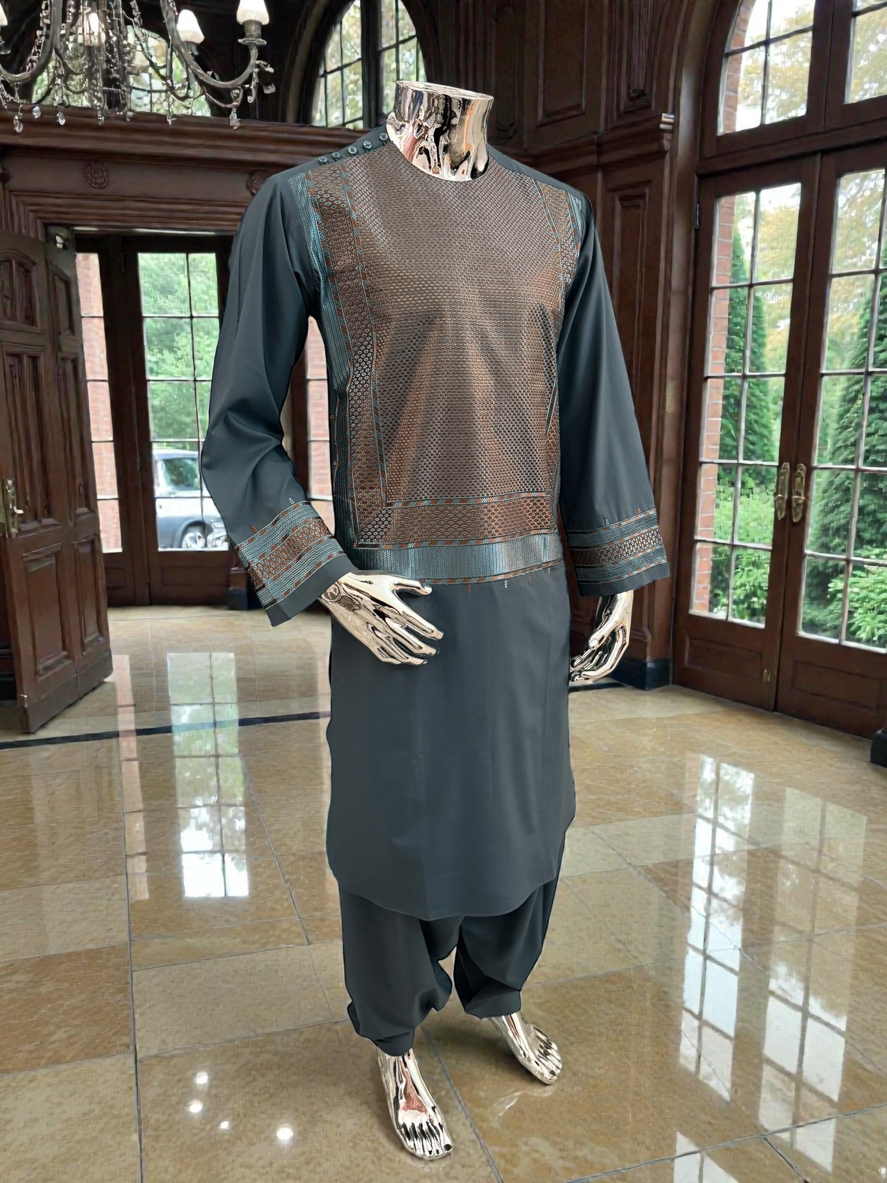 Medium Men’s Afghan Parahan Tunban – Premium Teal Blue Embroidery