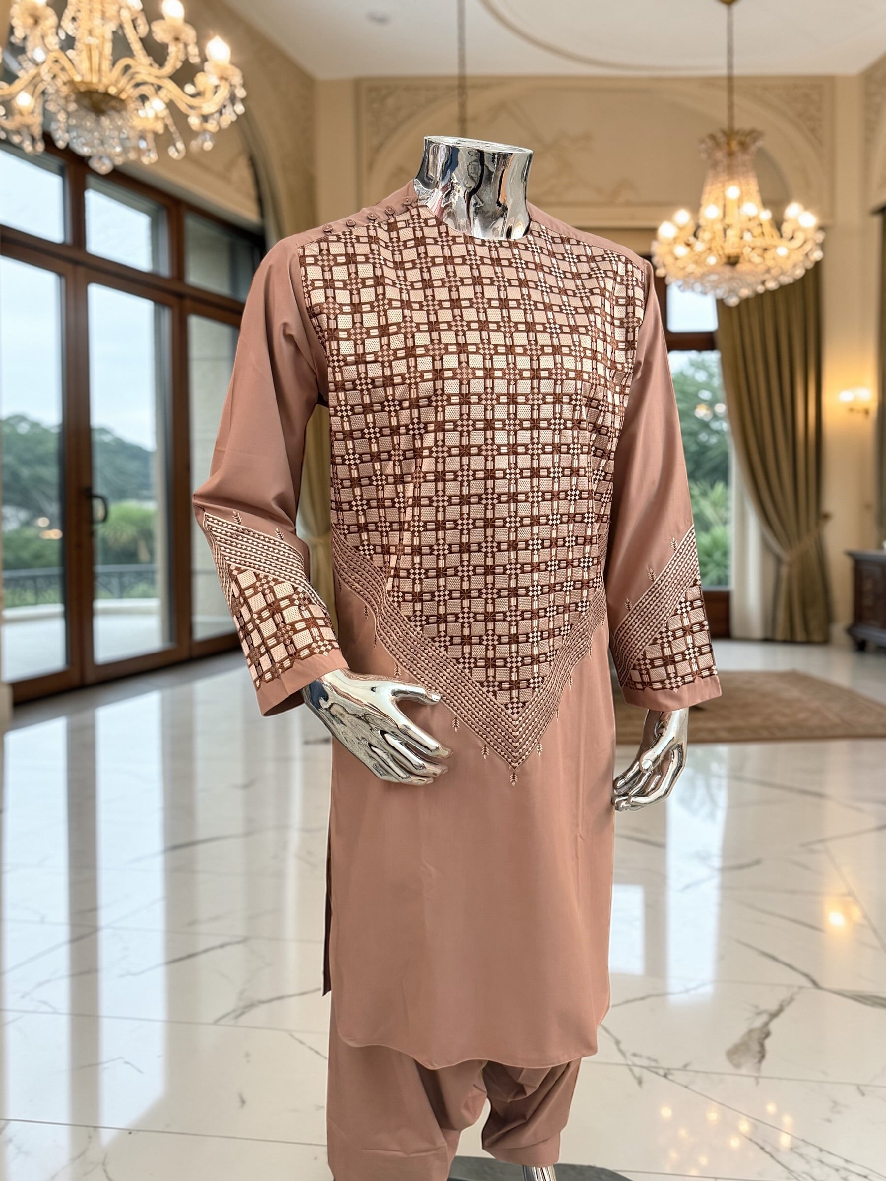 Small Men’s Tan Parahan Tumban with White & Tan Embroidery Afghan Kameese shalwar