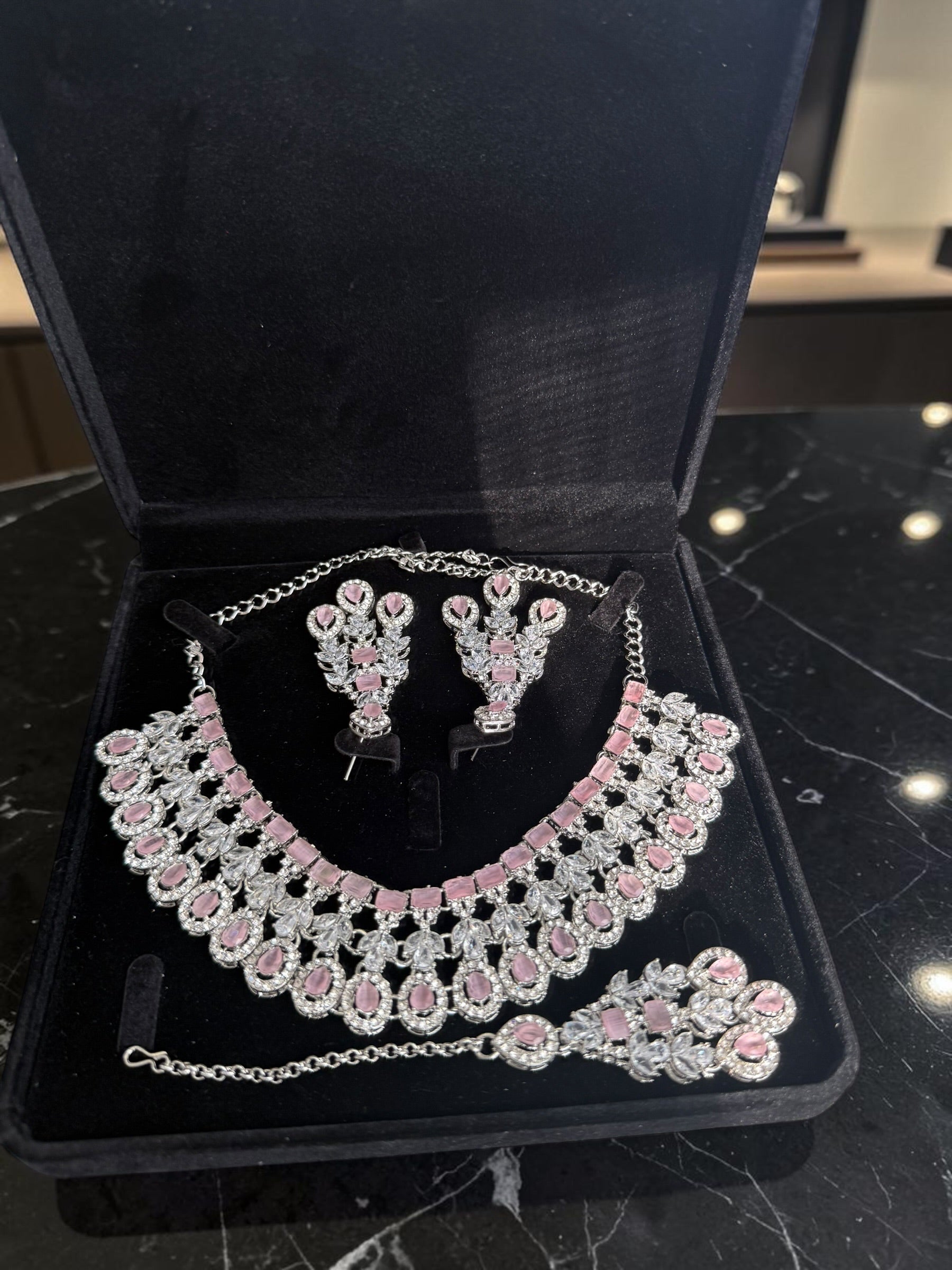 Luxury Blush Pink American Diamond Bridal Jewelry Set with Maang Tikka | Premium Brass Statement Collar Necklace, Earrings & Gift Box Included 6032