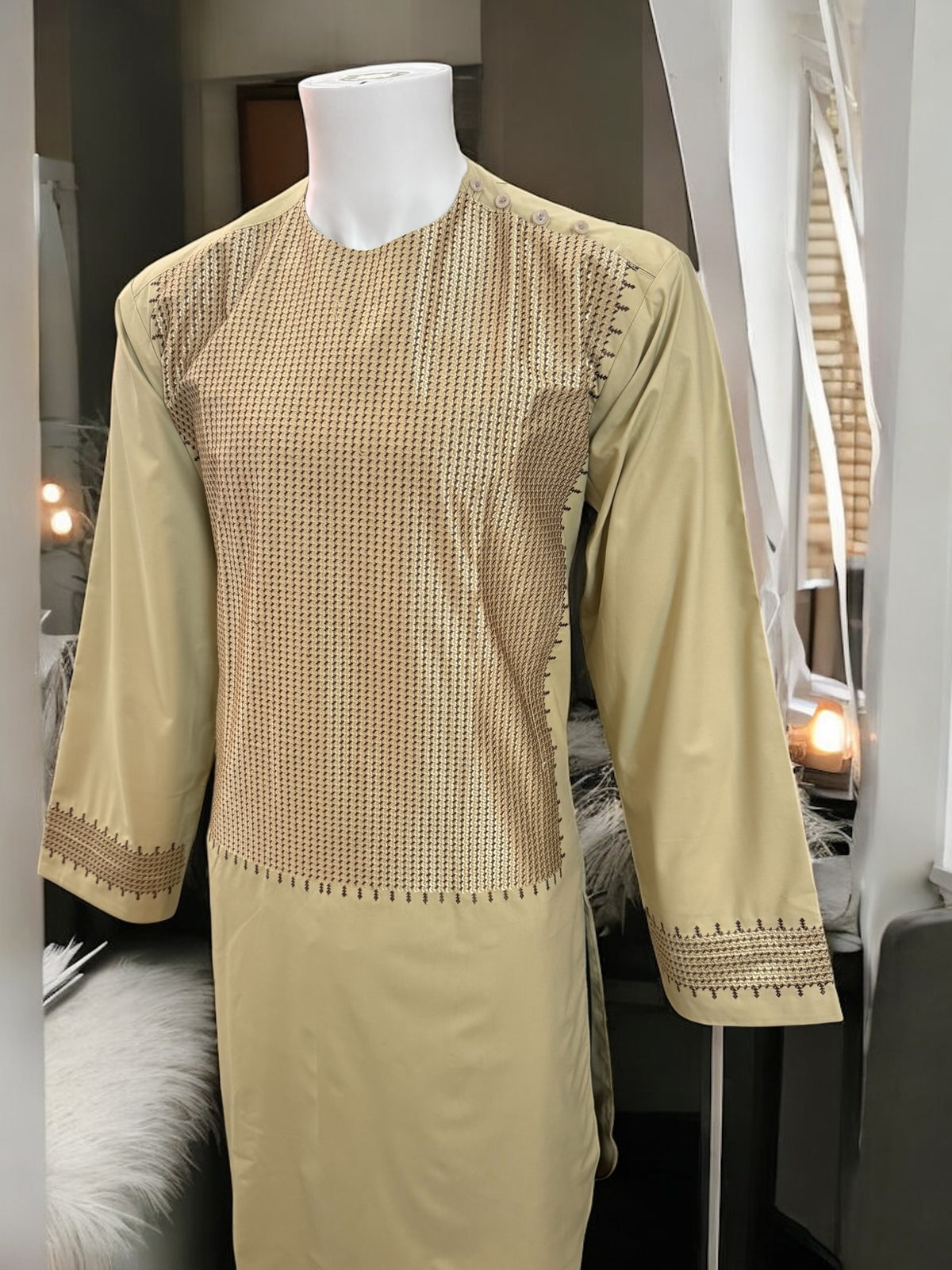 Machine Khamakdozi Embroidered Parahan Tunban for Men – Light Gold | Small