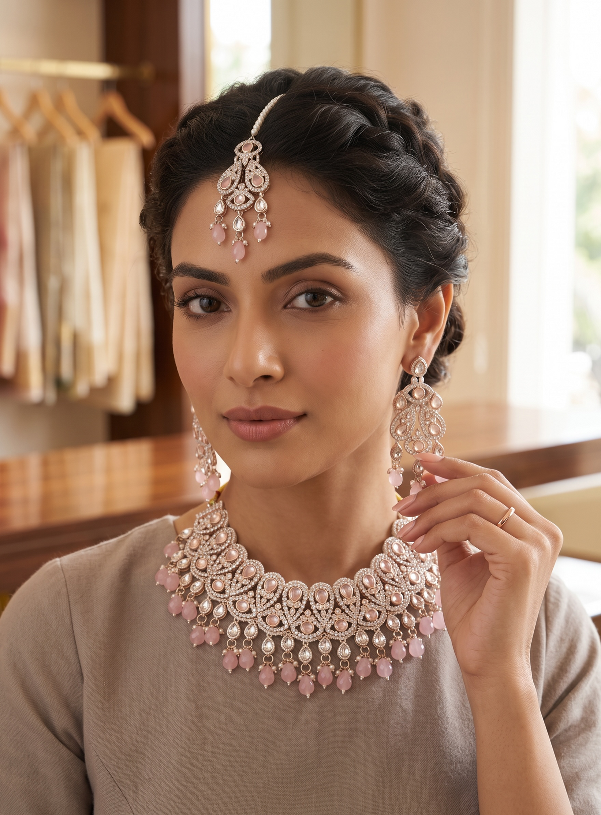 Blush Pink Kundan Bridal Jewelry Set with Earrings & Maang Tikka | Rose Gold Indian Pakistani Afghan Wedding Necklace 6049
