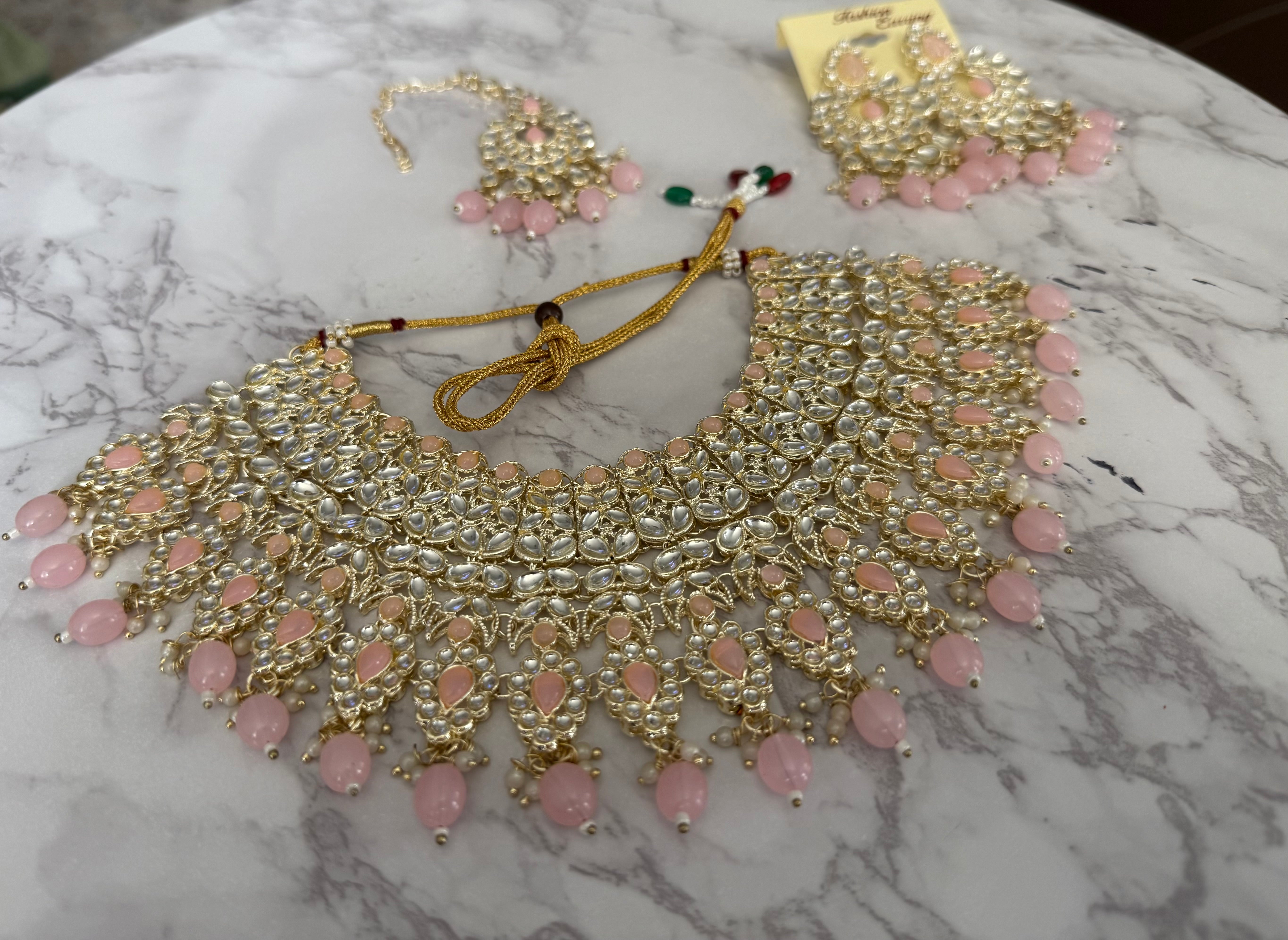 Luxury Gold Tone Kundan Choker Necklace Set with Pink Stones & Earrings – Indian Pakistani Bridal Wedding Jewelry 026