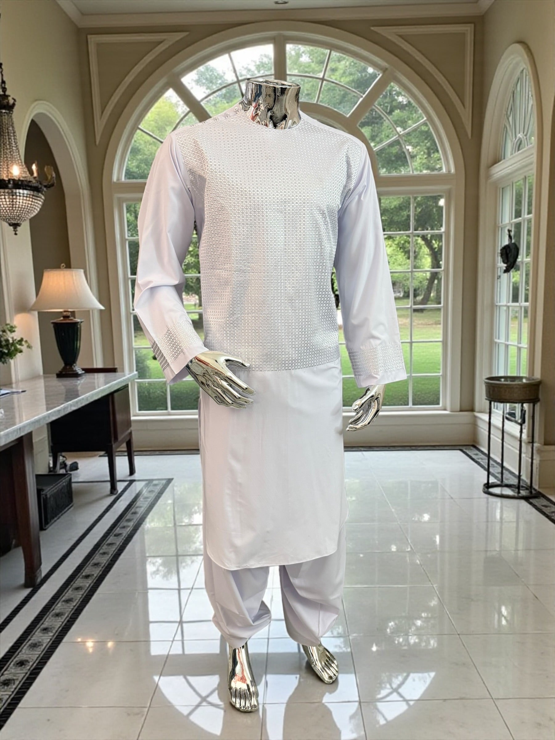 Medium White Afghan Parahan Tumban – Premium Cotton-Blend Embroidered Outfit