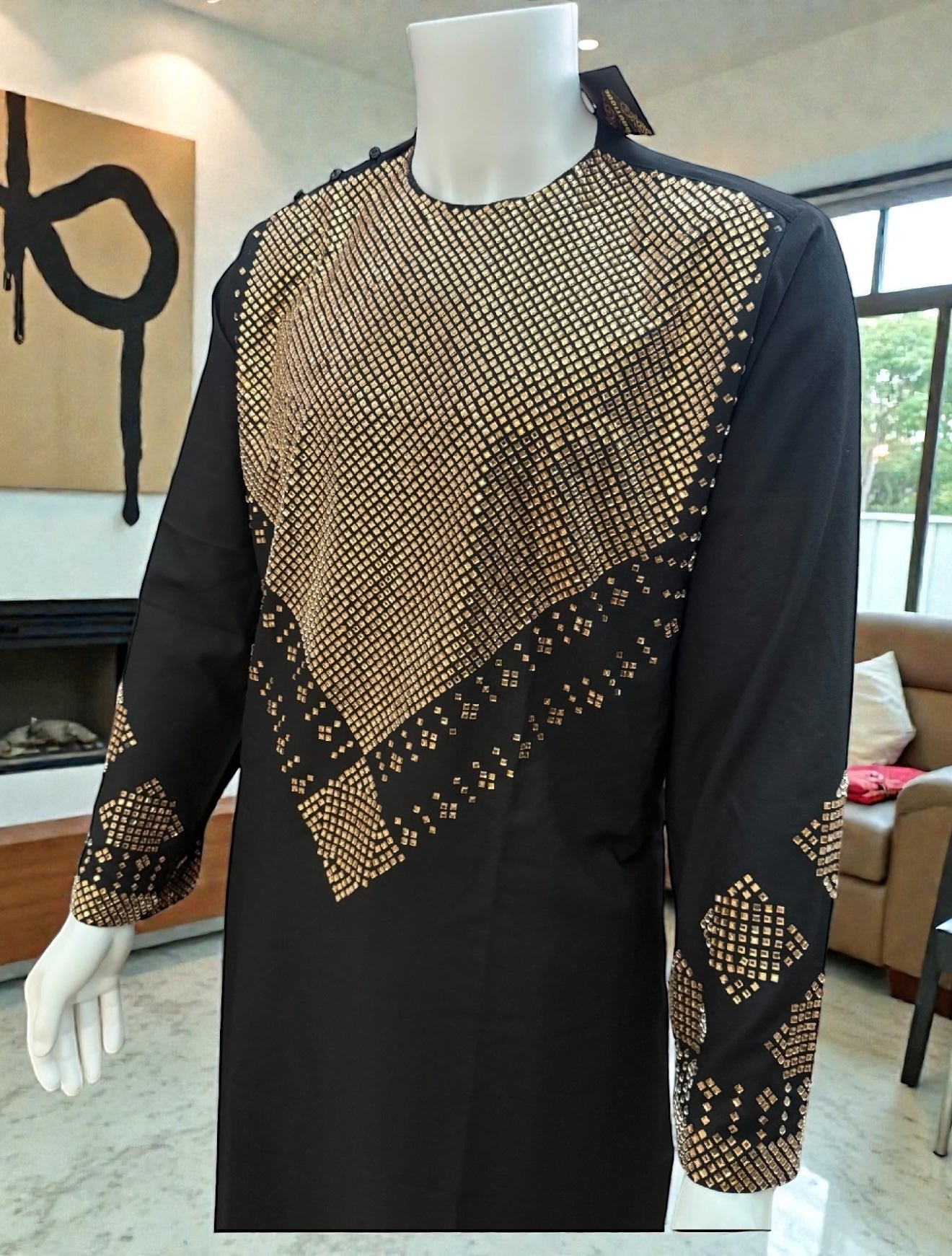 Men’s Black Parahan Tunban – Luxury Gold Shesha (Mirror) Work Chest & Sleeve Design | Afghan Traditional Outfit XL