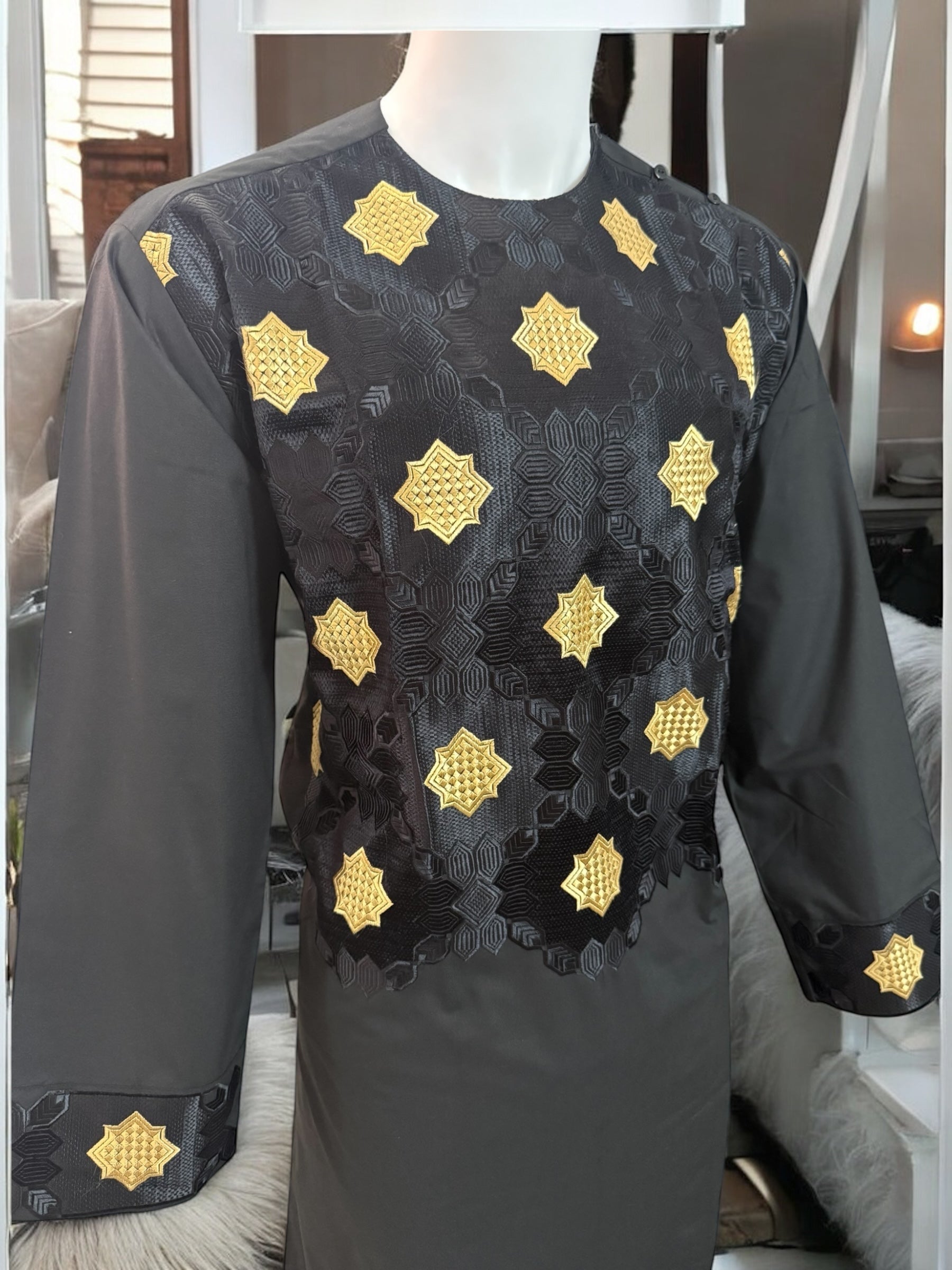 Afghan Parahan Tunban for Men Machine Embroidered Black Gold Traditional Wear Large