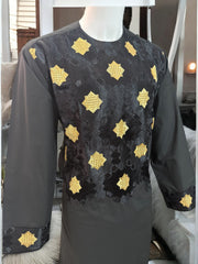 Afghan Parahan Tunban for Men Machine Embroidered Black Gold Traditional Wear Large