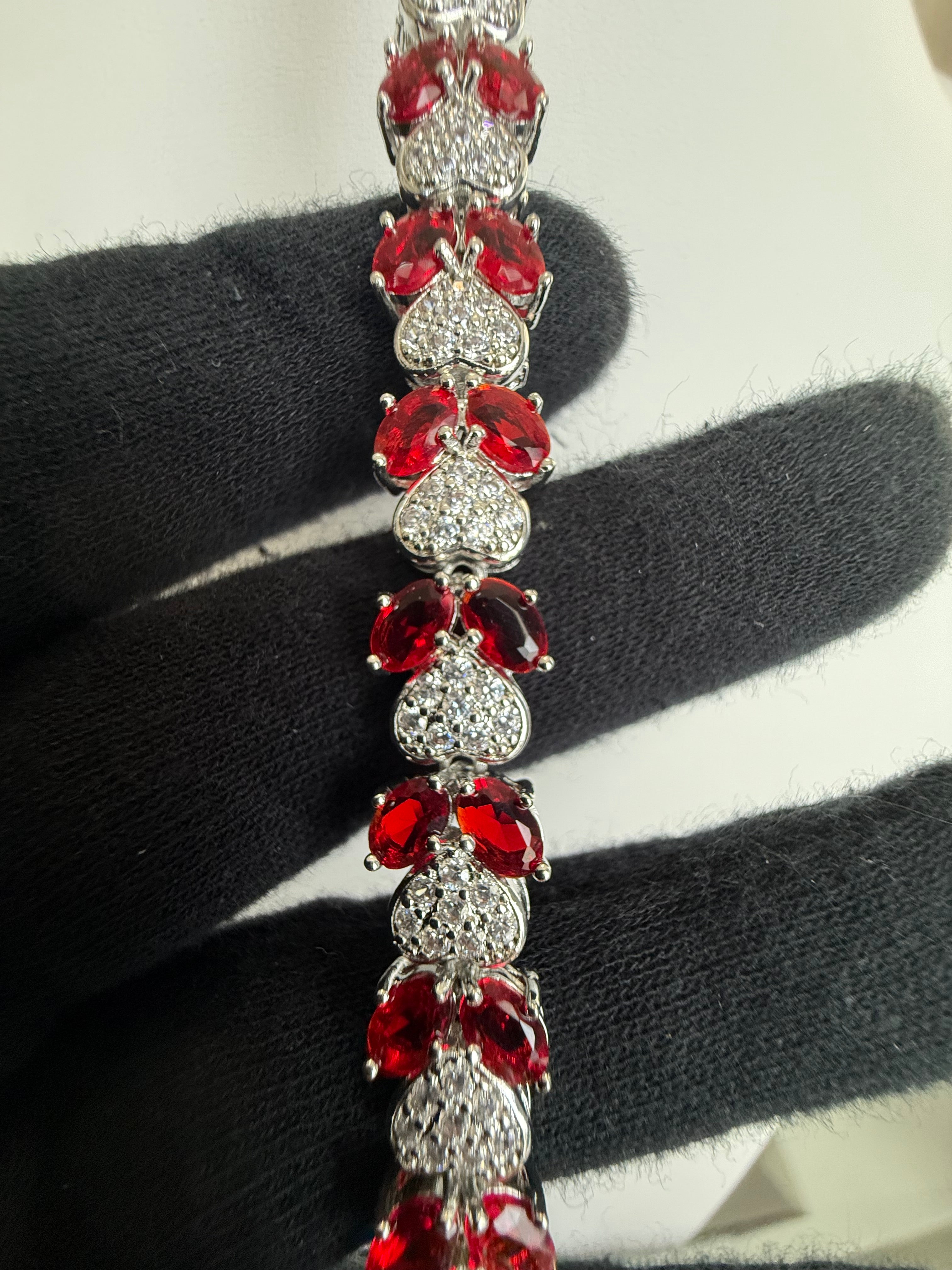 Ruby Red Crystal Heart Link Bracelet – Silver Tone Sparkling Statement Jewelry 7102