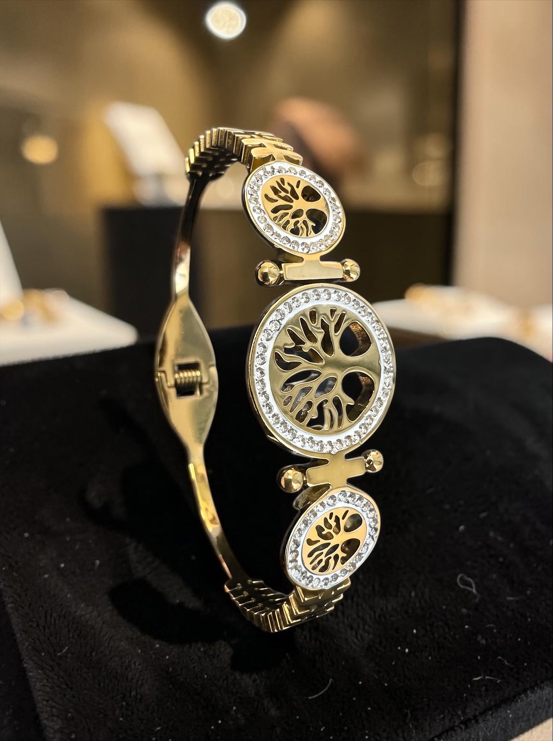 Tree of Life Gold-Tone Crystal Bracelet for Women – Hinged Statement Bangle 8022