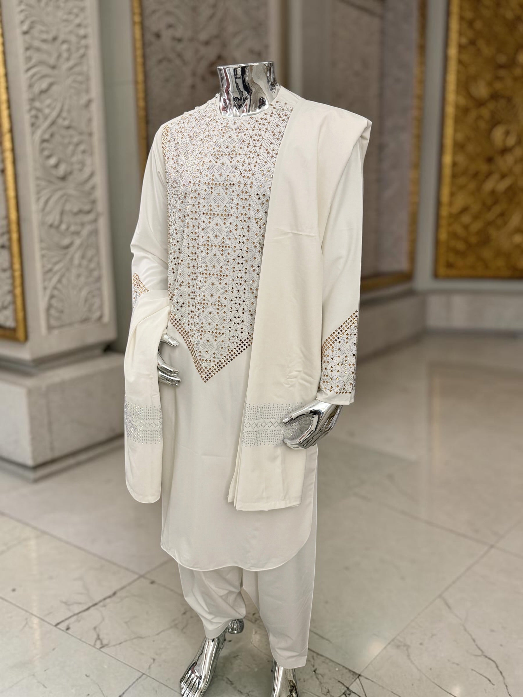 Men’s off white Afghan Parahan Tunban with Gold & Silver Embellishments and Shawl – 3-Piece Set shesha work 5042