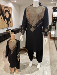 Men’s Black Parahan Tunban – Luxury Gold Shesha (Mirror) Work Chest & Sleeve Design | Afghan Traditional Outfit XL