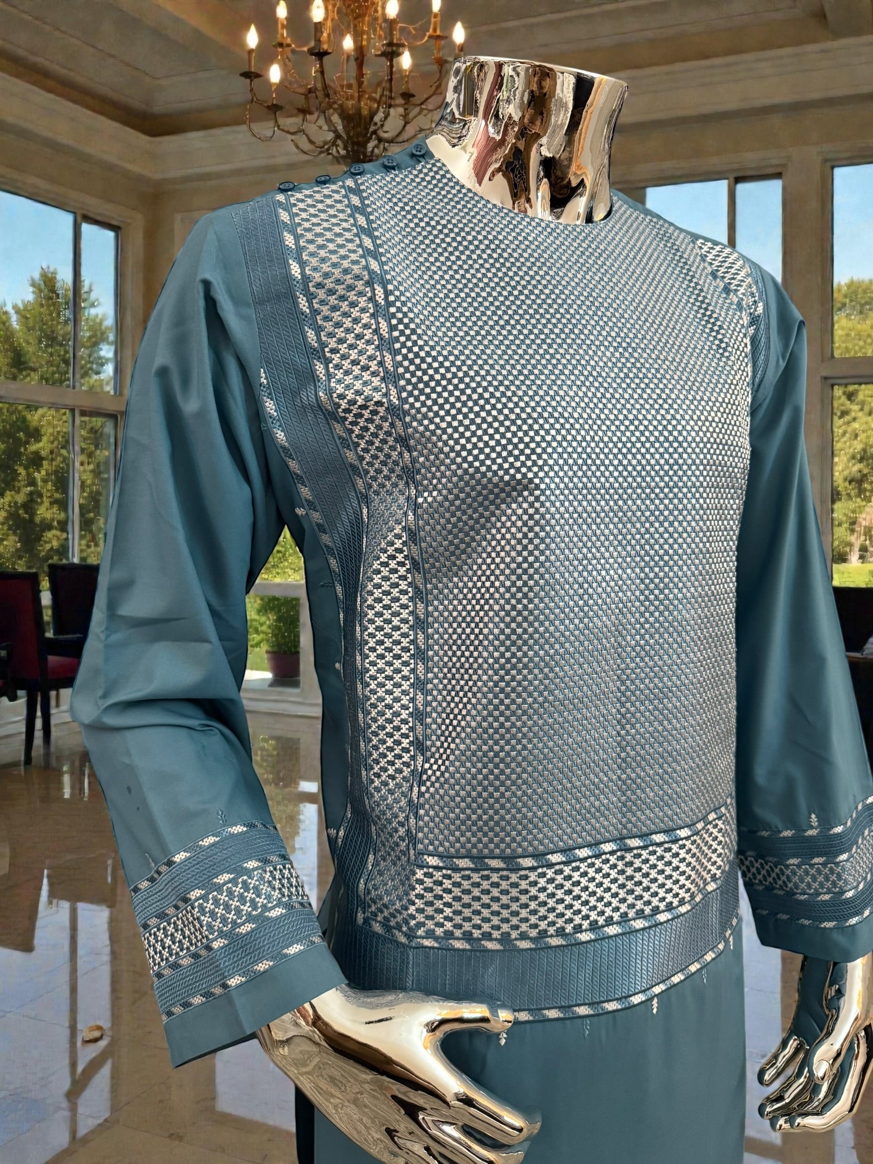 Medium Turquoise Blue Afghan Kameez with White Khamakdozi Embroidery