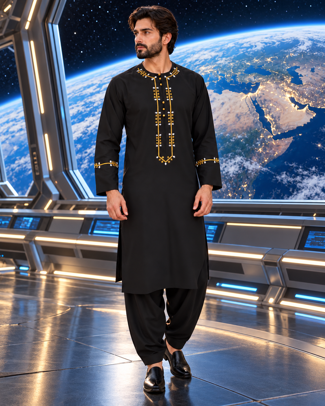 Black Embroidered Afghan Parahan Tunban for Men | Gold & White Detail