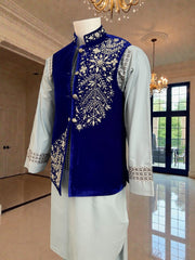 Men’s Medium Royal Blue Velvet Vestcoat – Luxury Silver Hand Embroidery | Wedding & Eid Waistcoat Medium
