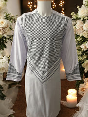 Men’s White Parahan Tumban with Black Embroidery  Medium