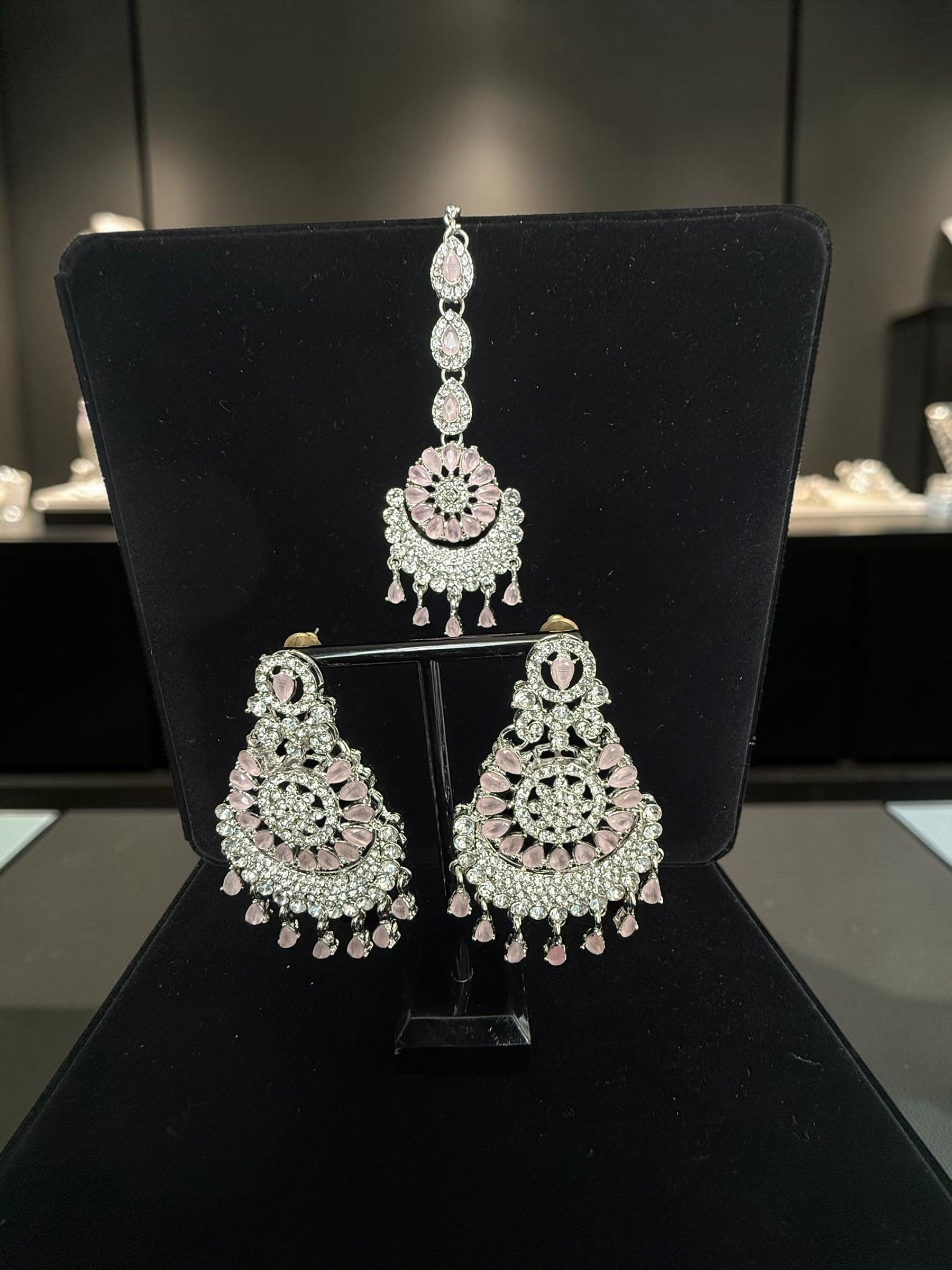 Indian Pakistani Afghan American Diamond Earrings with Maang Tikka Set | Bridal Chandbali Earrings | Wedding Jewelry Gift | 6 Color Options