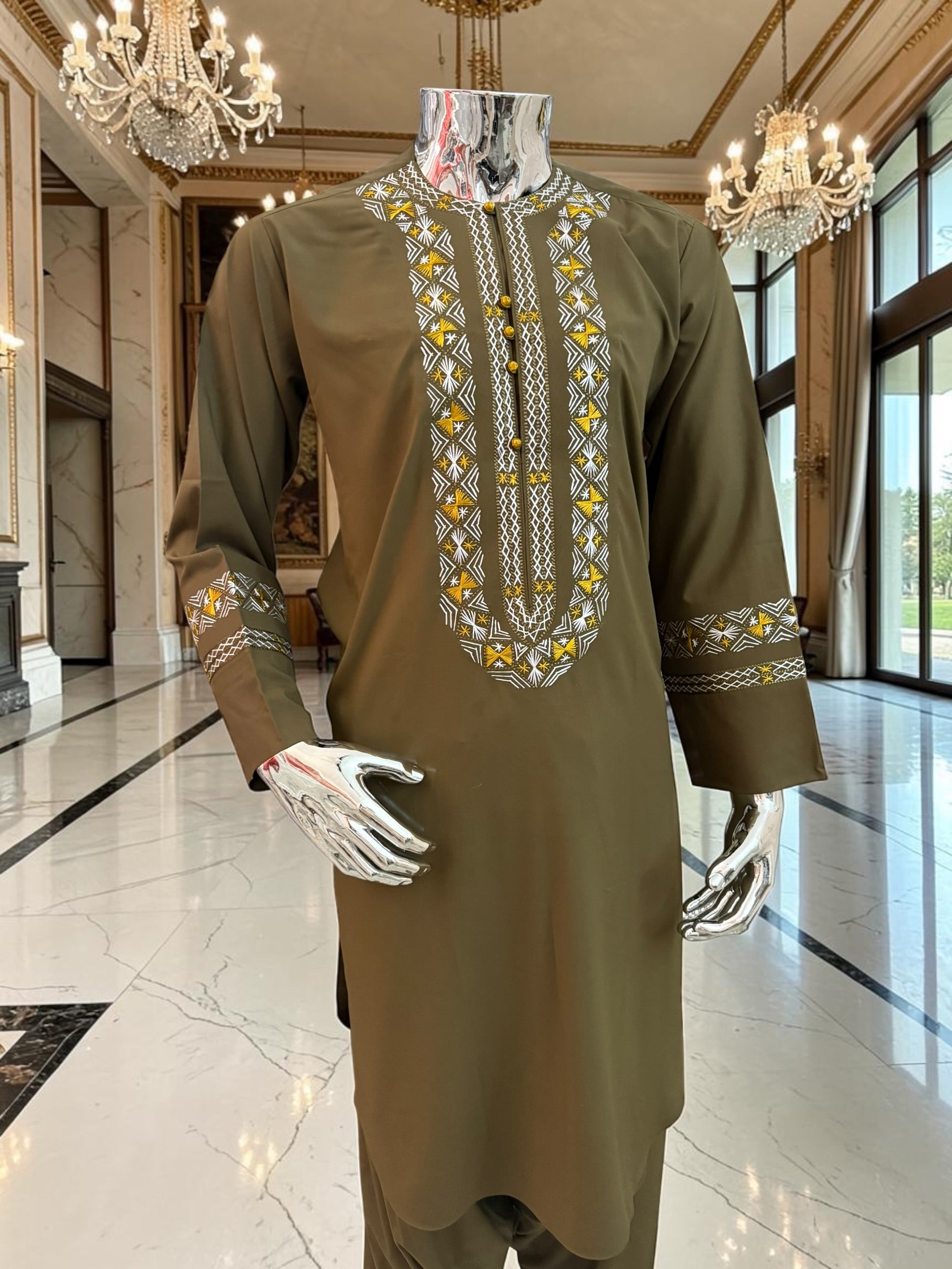 Large Olive Green Afghan Parahan Tunban Set with Traditional Hand Embroidery & Matching Scarf
