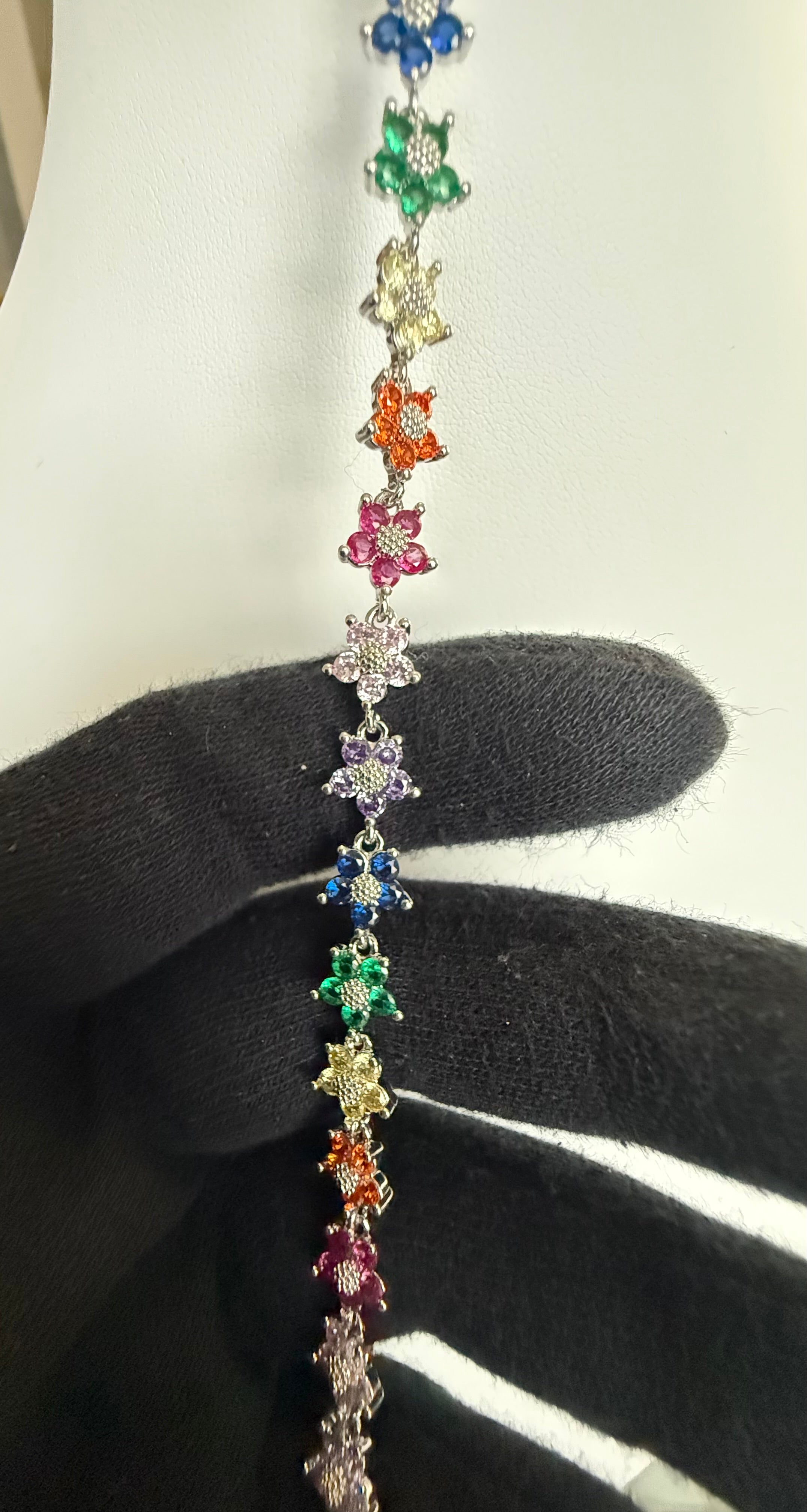 Multicolor Floral Crystal Bracelet – Rainbow Five-Petal Flower Silver-Tone Bracelet 7120