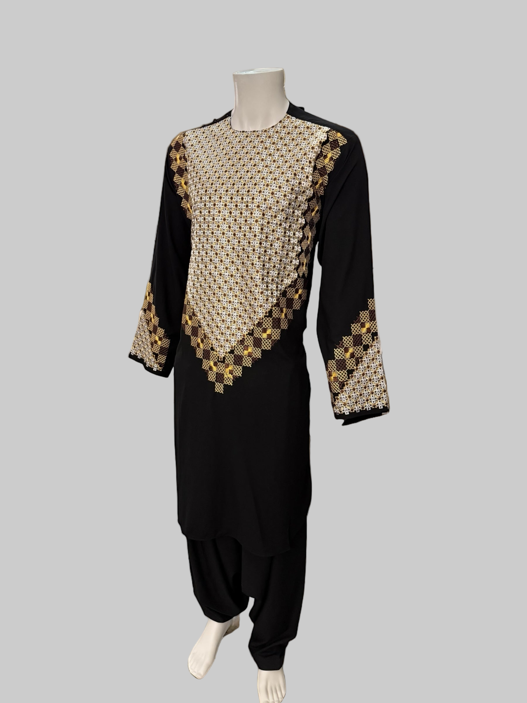 Men’s Black Kameez – Black with Gold, White & Brown Machine Embroidery | Afghan Outfit (XL)