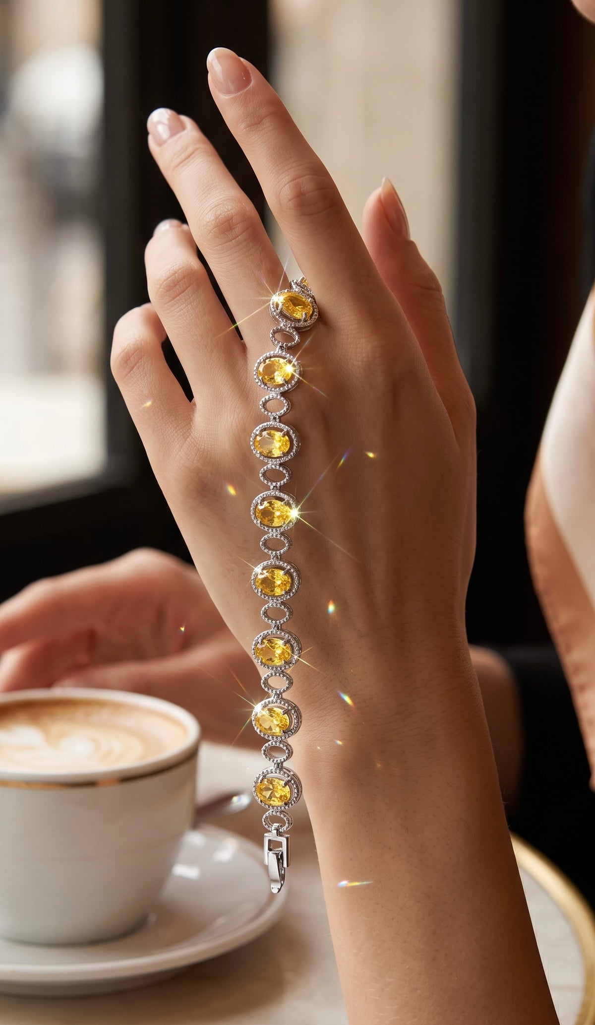 Golden Yellow Oval Crystal Halo Link Bracelet – Silver Tone Statement Bracelet 7095