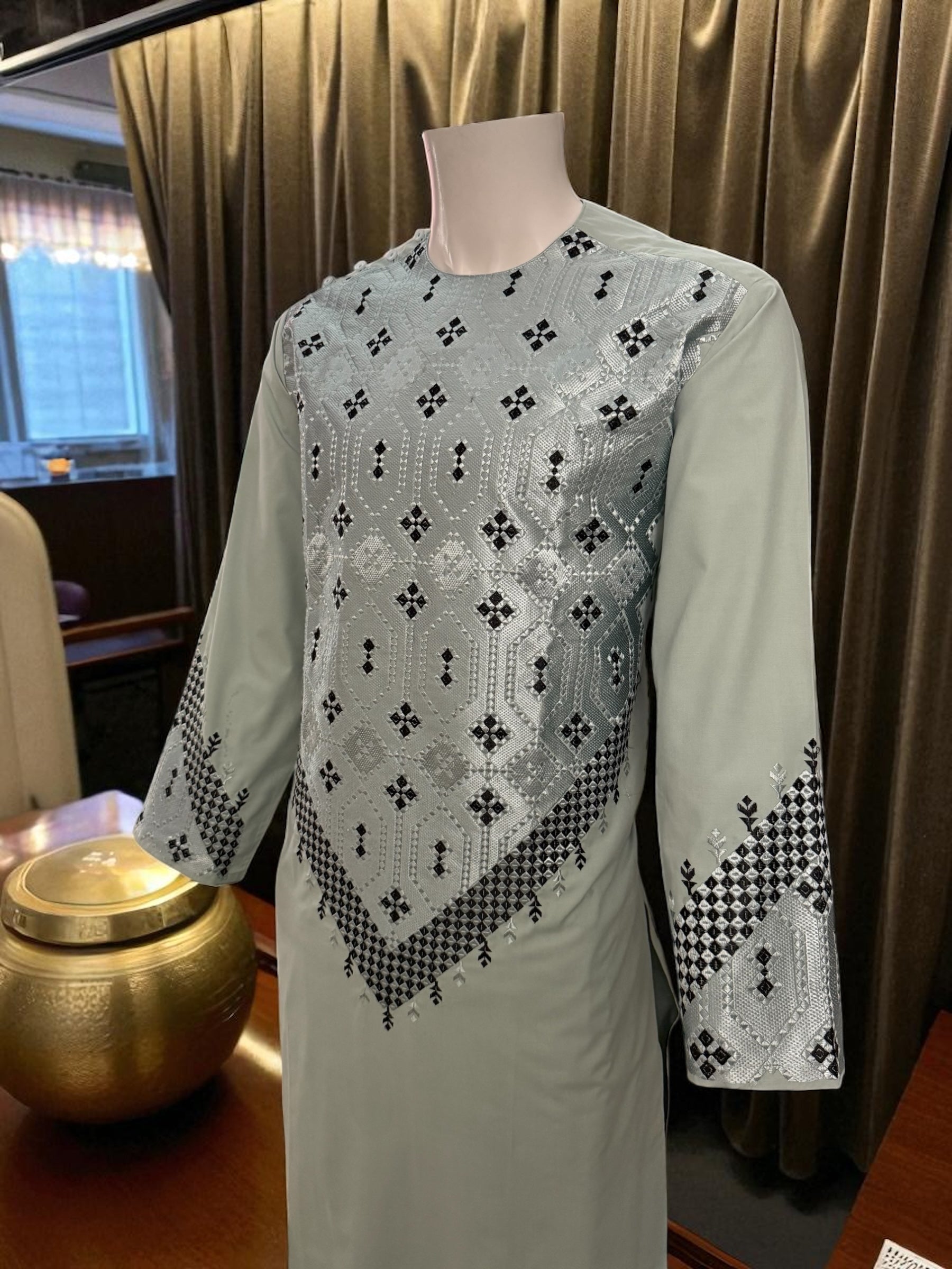 Sage Green Men’s Kameez with Black and Matching Sage Embroidery – Large