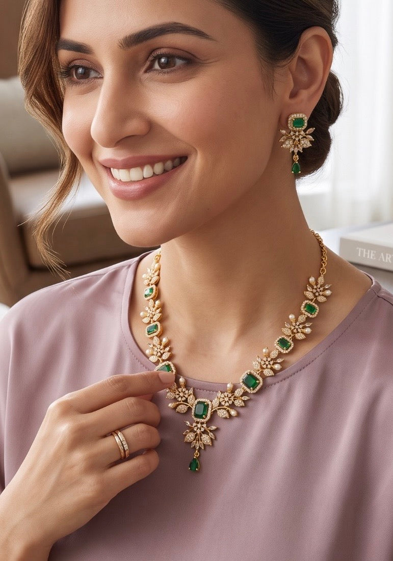 Luxury Gold Tone Green Crystal Floral Statement Necklace & Earrings Set | Gift-Ready Black Jewelry Box Included 6071