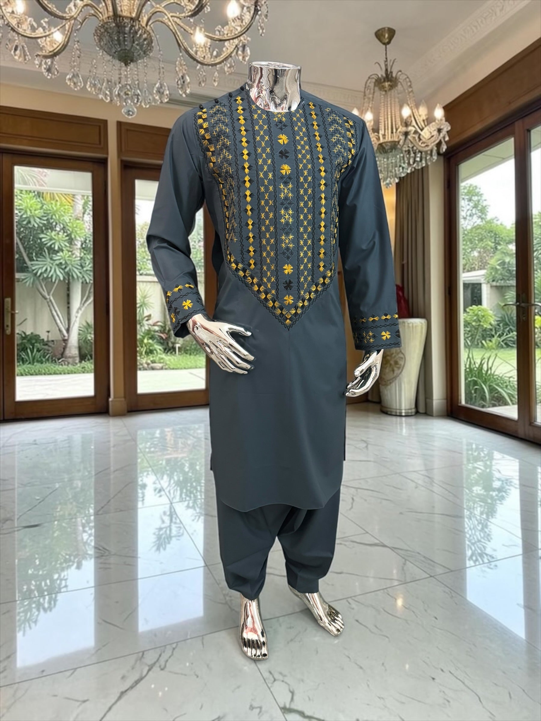 Medium Men’s Afghan Parahan Tunban Set – Dark Slate Blue with Premium Gold & Black Hand Embroidery with Chadder/patto