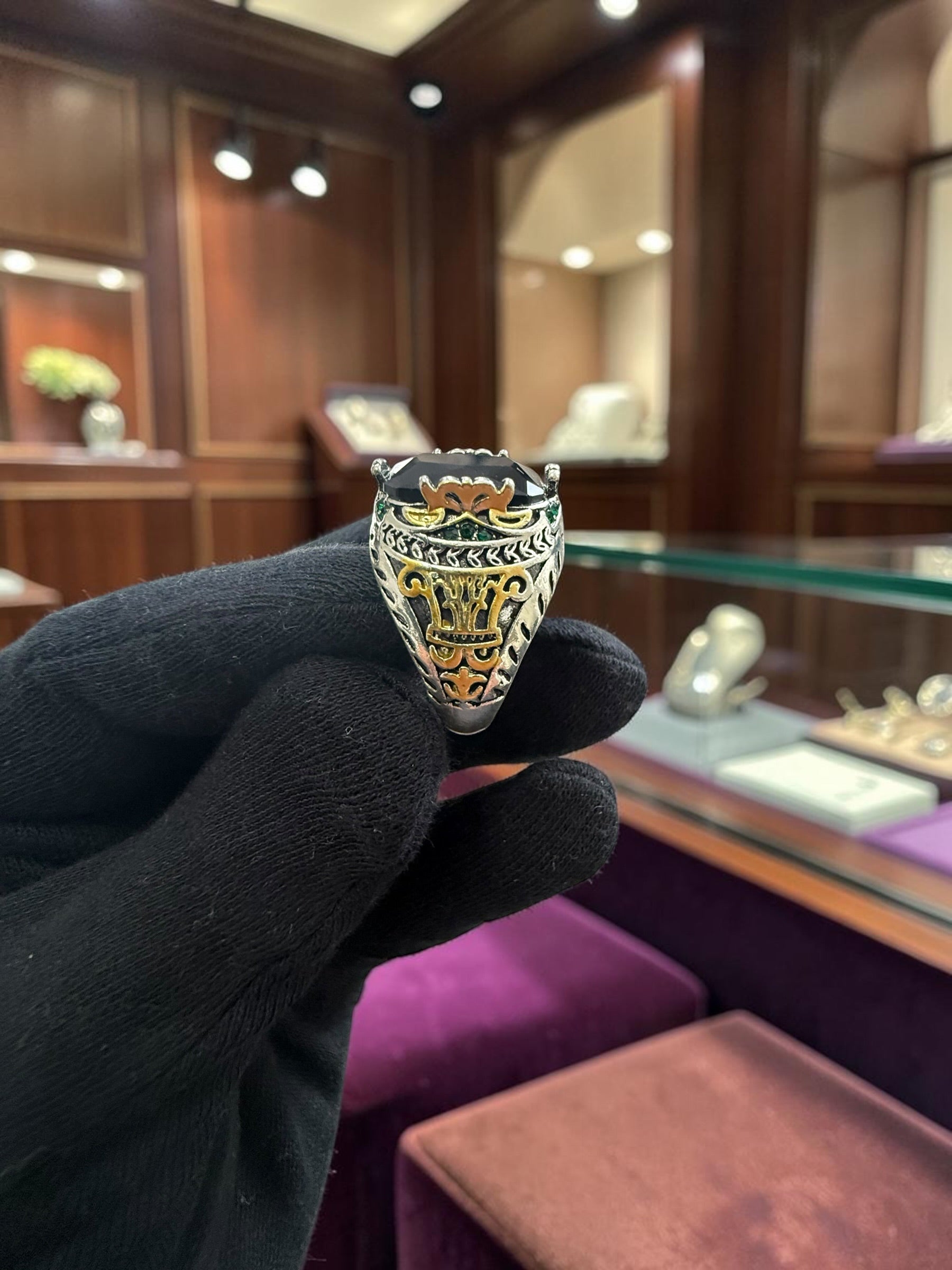 Vintage Turkish Inspired Signet Ring with Cubic Zirconia Stone – Silver Plated Two-Tone Men’s & Unisex Statement Ring – Available in Black, Green, Red, Gold, Navy & Blue