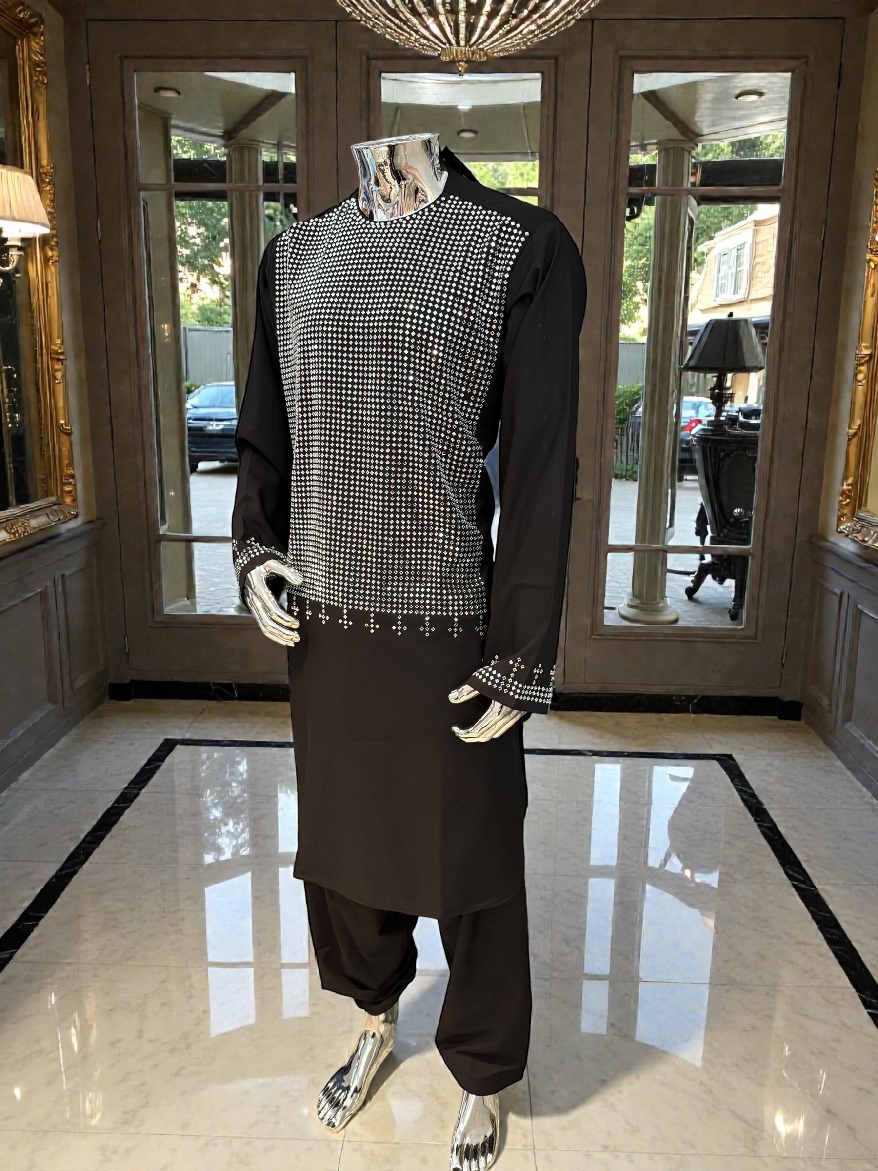 Men’s Black Afghan Traditional Kameez Shalwar with Geometric Mirror Embroidery – Formal Wear Afghan Small.  Minor Imperfection – Special Discount