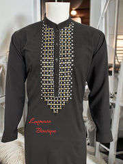 Medium Men’s Black Parahan Tumban with Gold and White Hand Khamak Embroidery – Luxury Afghan Traditional Outfit