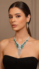 Crystal Rhinestone Statement Necklace & Earrings Set – Silver-Tone Leaf Design with Tassel, 7 Color Options, Jewelry Box Included