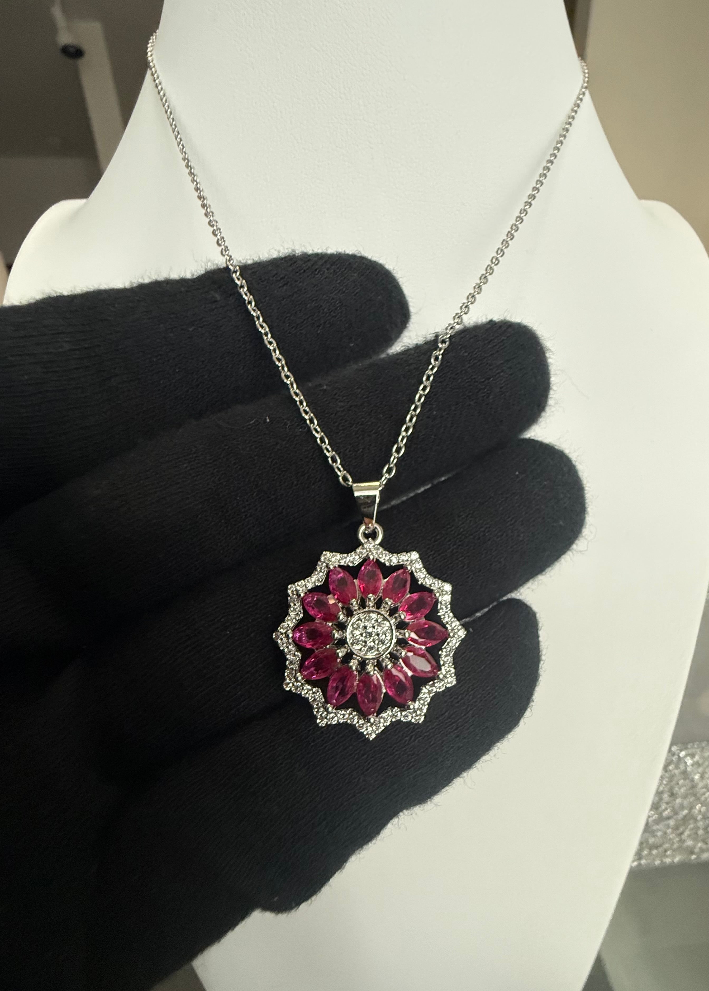 Pink Crystal Floral Pendant Necklace – Silver Tone Flower Statement Necklace with Gift Box 7157