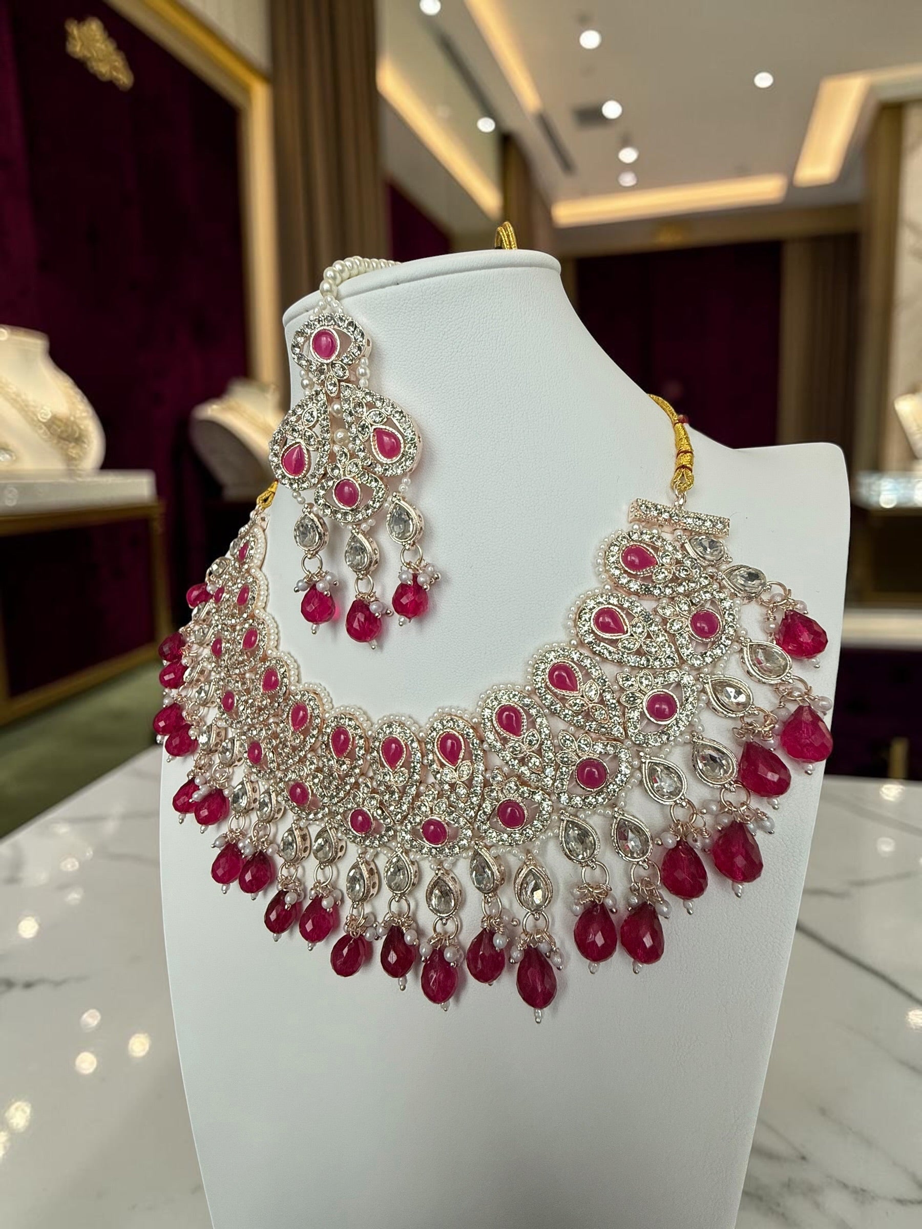 Ruby Red Kundan Bridal Jewelry Set with Earrings & Maang Tikka | Rose Gold Indian Pakistani Afghan Wedding Necklace | Gift Box Included 6047