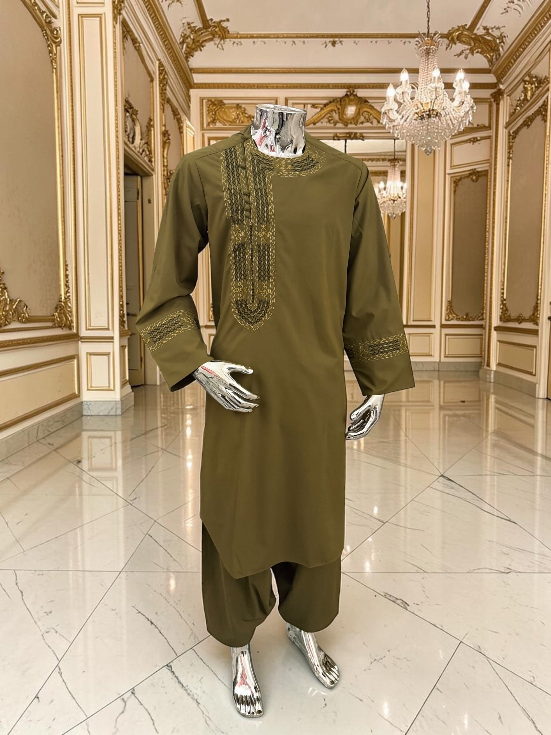 Men’s Olive Green Hand-Embroidered Afghan Parahan Tunban with Shawl – 3-Piece Set 5033