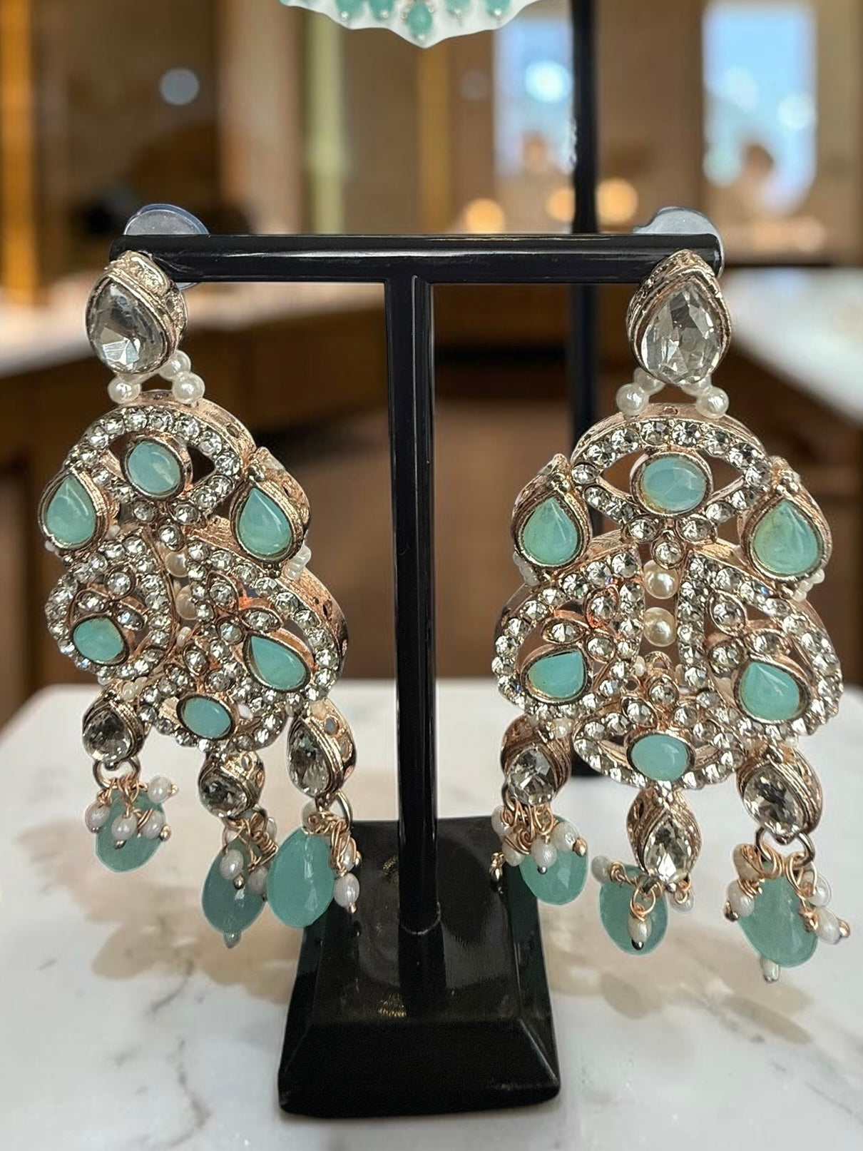 Aqua Blue Kundan Bridal Jewelry Set with Earrings & Maang Tikka | Rose Gold Indian Pakistani Afghan Wedding Necklace | Jewelry Gift Box Included 6045