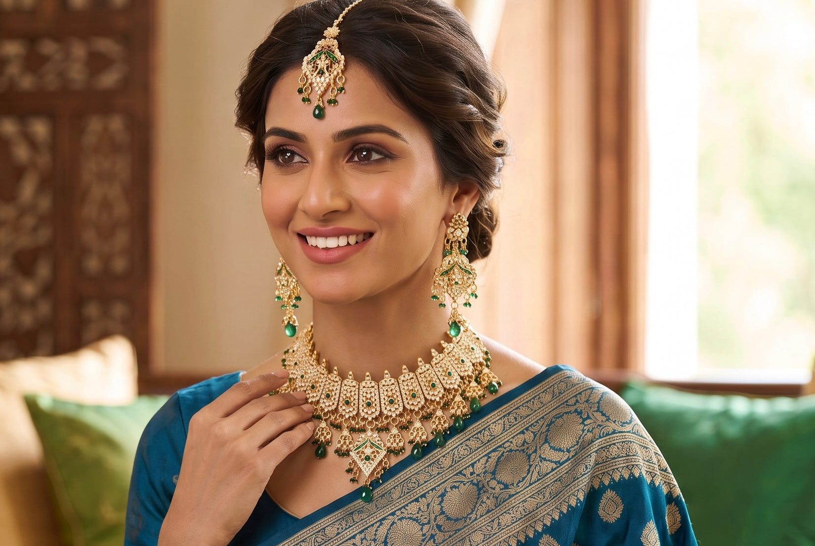 Emerald Green Kundan Bridal Jewelry Set – Gold Tone Indian Pakistani Afghan Wedding Necklace Set with Earrings & Maang Tikka | Jewelry Gift Box Included 7017
