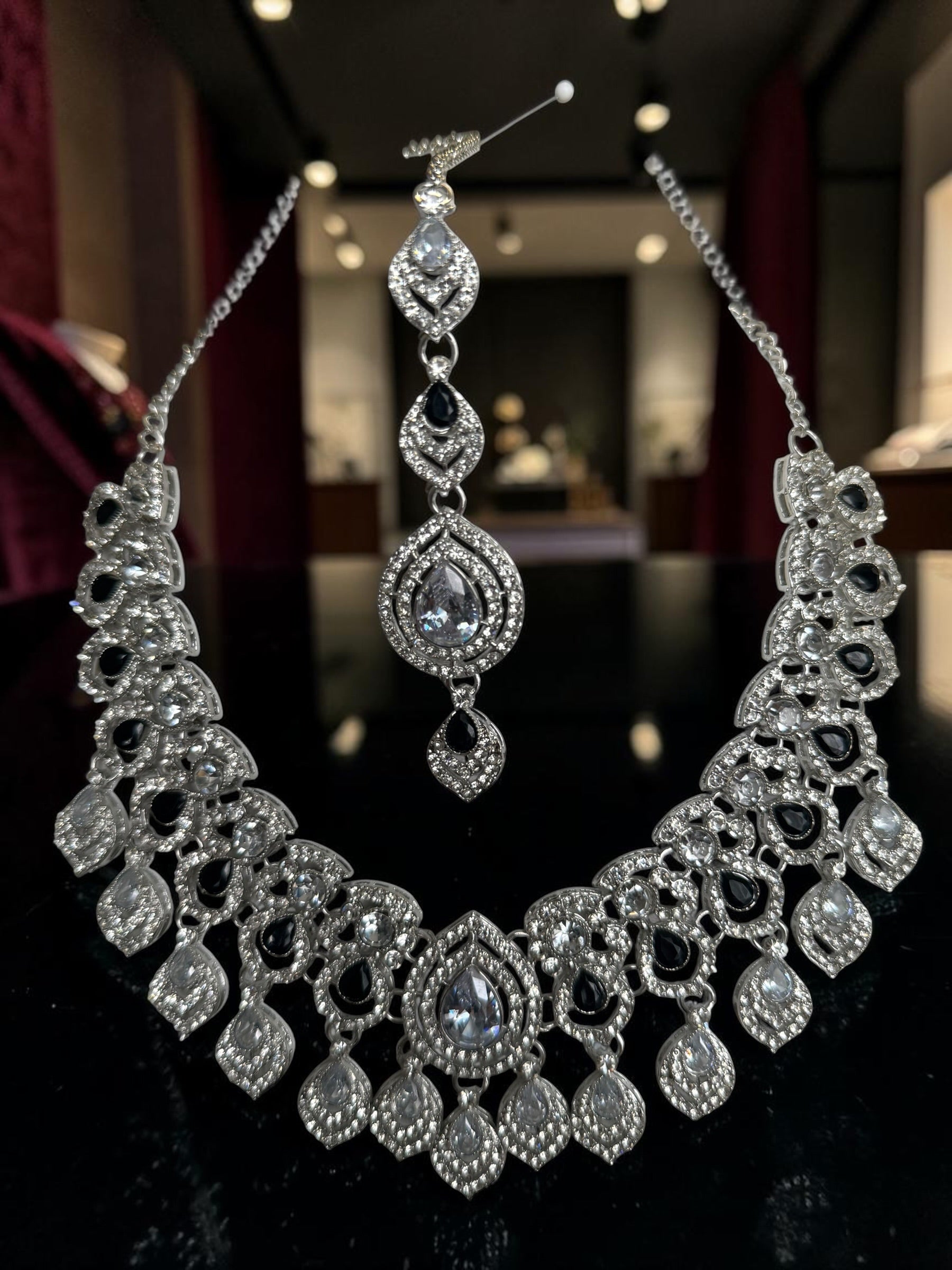 Silver Tone Bridal Jewelry Set with Clear & Black Crystal Accents – Necklace, Earrings & Maang Tikka | Indian Pakistani Afghan Wedding Jewelry | Gift Box Included 6025